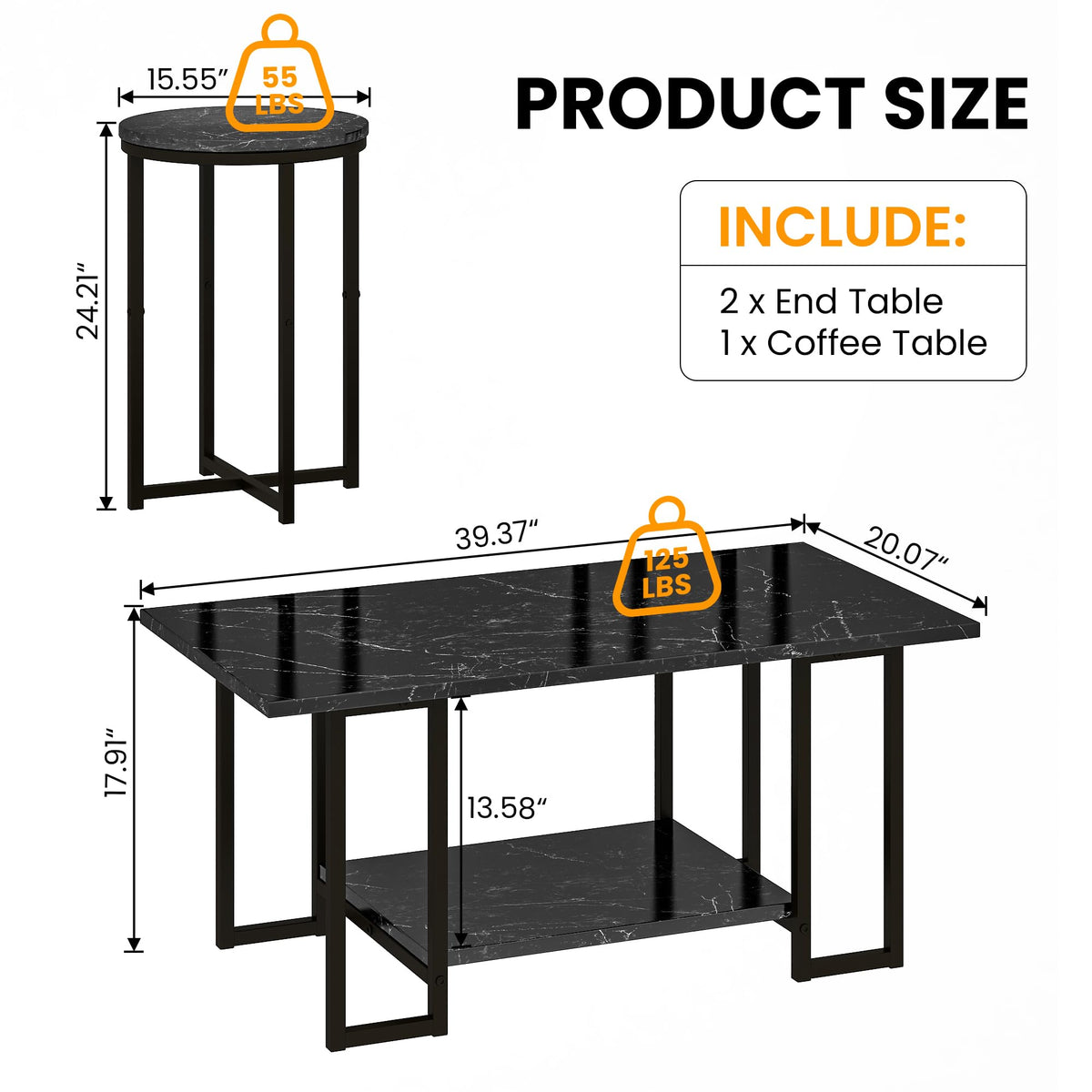 AWQM Coffee Table Set of 3, Faux Marble Living Room Table Set, Black