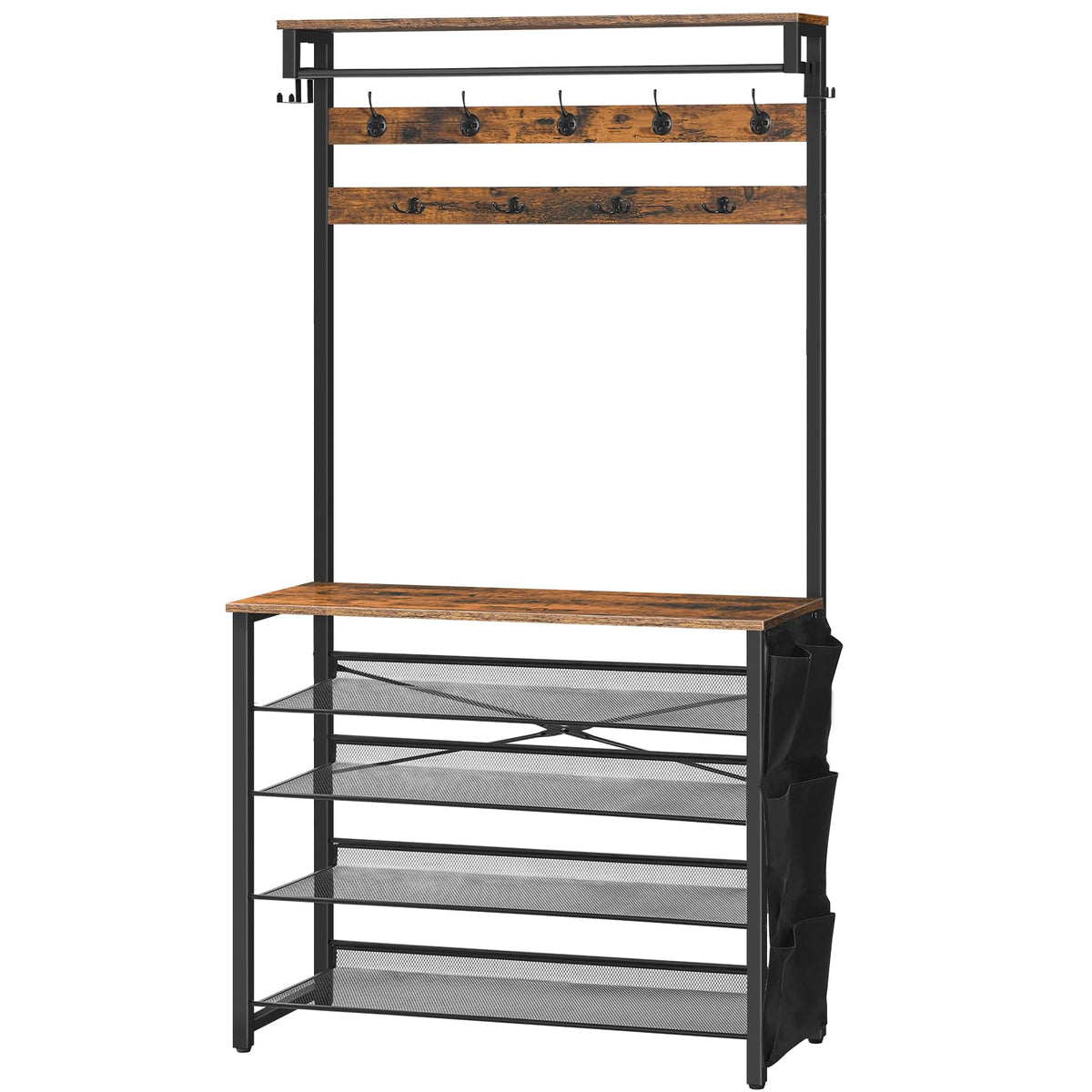 HOOBRO Hall Tree with Bench, Entryway Coat Rack with Shoe Rack, 39.4" Shoe and Coat Rack, 5 Tier Shoe Storage Organizer with Oxford Fabric Side Pockets, Adjustable Mesh Shelves, Rustic Brown BF76MT01