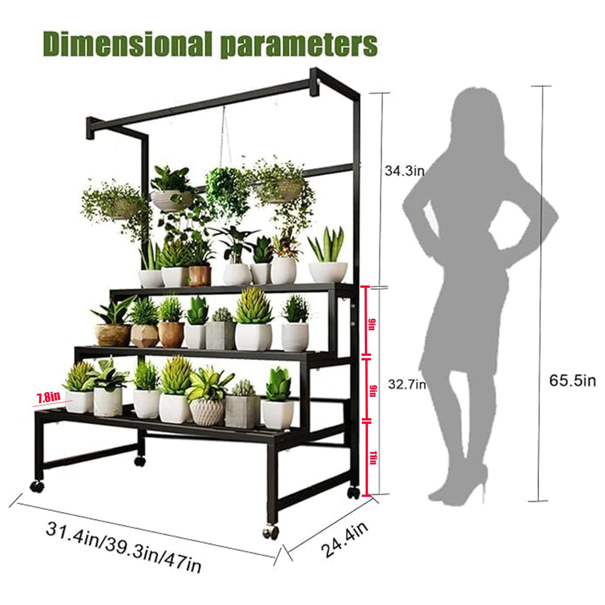 4 Tier Plant Stand on Wheels, 440Lbs Heavy Duty W39" Metal Flower Rack