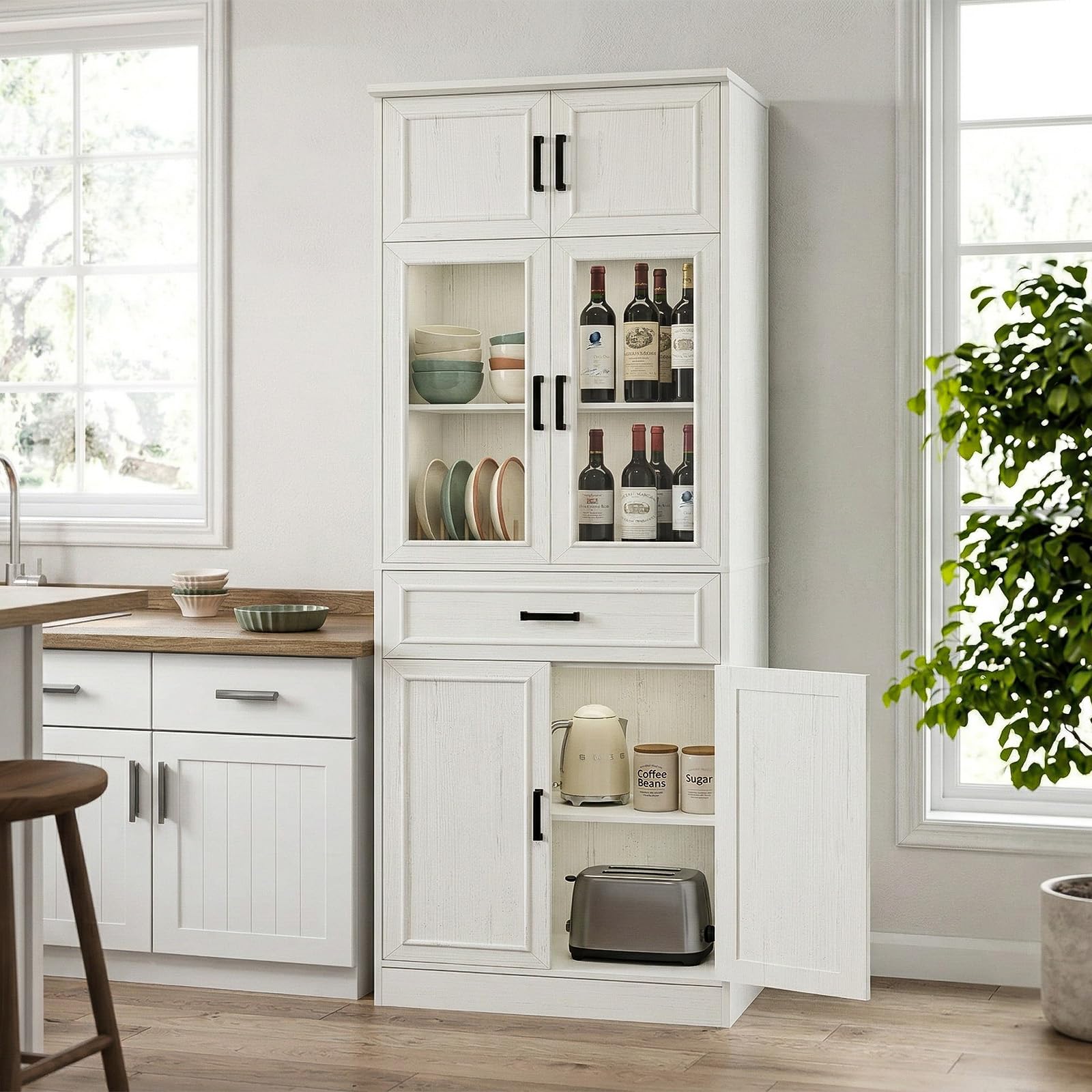 Tall Kitchen Pantry Storage Cabinet with Glass Doors