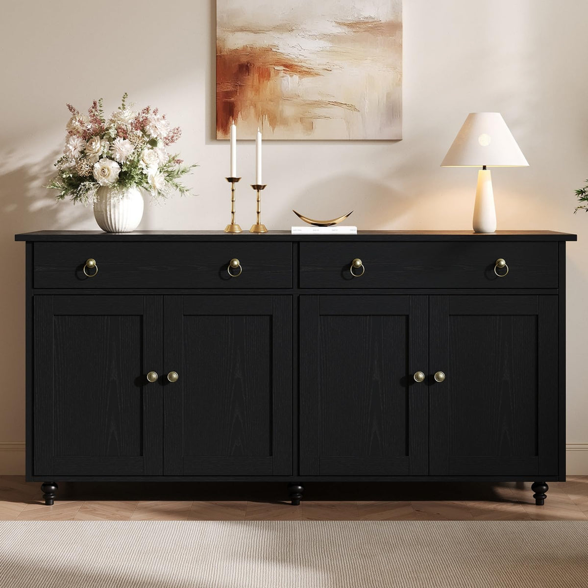 4 EVER WINNER 55" W Black Buffet Cabinet, Coffee Bar Cabinet with 2 Drawers