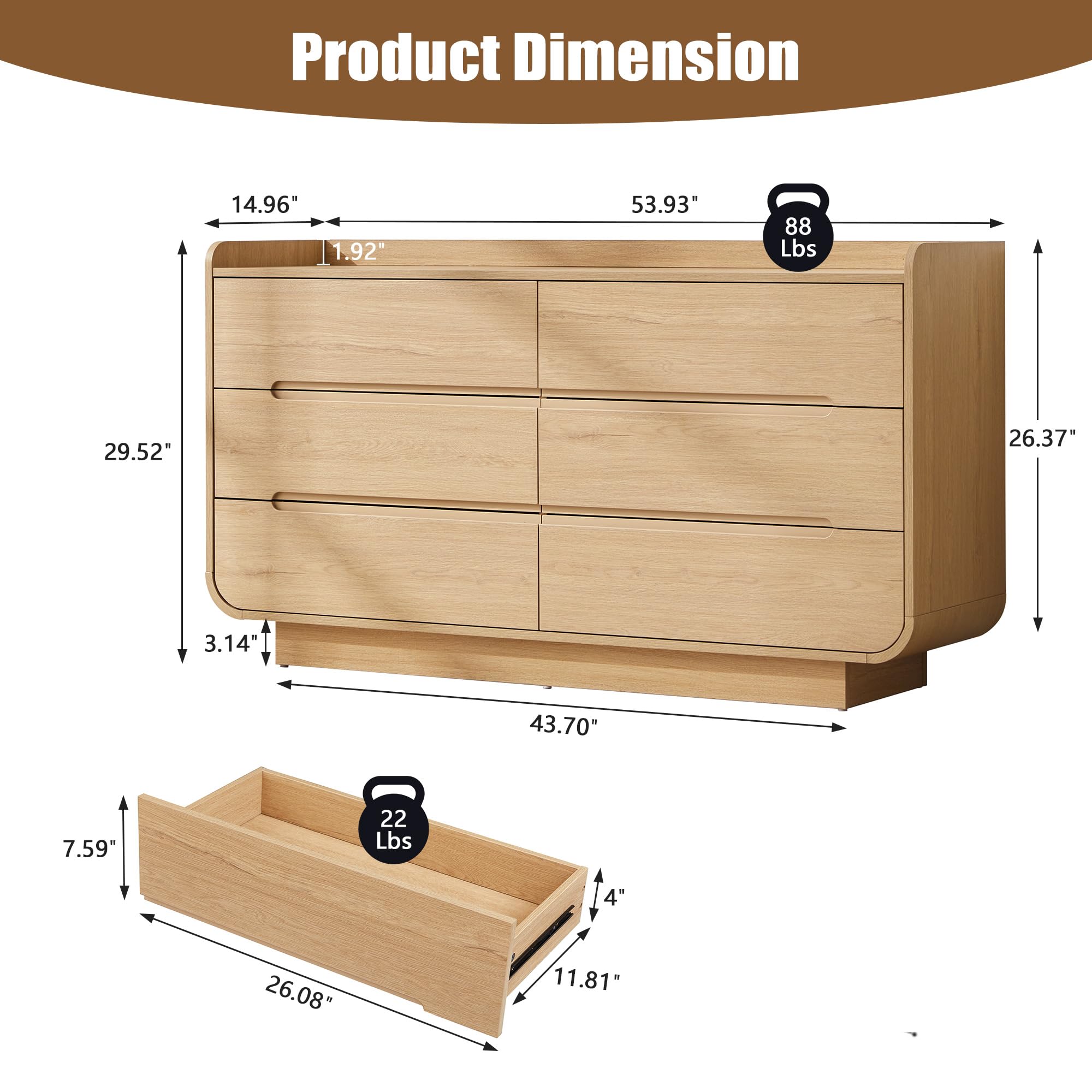 6-Drawer Curved Dresser with Hidden Handles