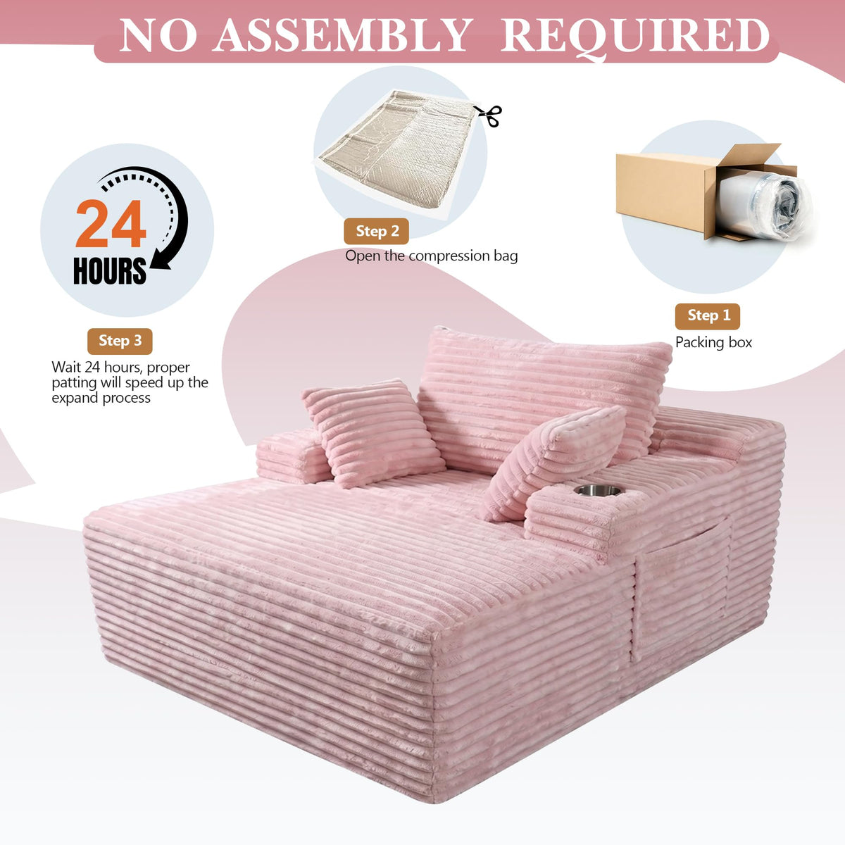 Oversized Chaise Lounge Chair Indoor, Upholstered Boneless Sofa Bed, Corduroy Deep Seat Sleeper Couch Reading Chairs with 1 Cup Holder, 2 Side Pockets & 3 Pillows, No Assembly (Pink, Oversized)