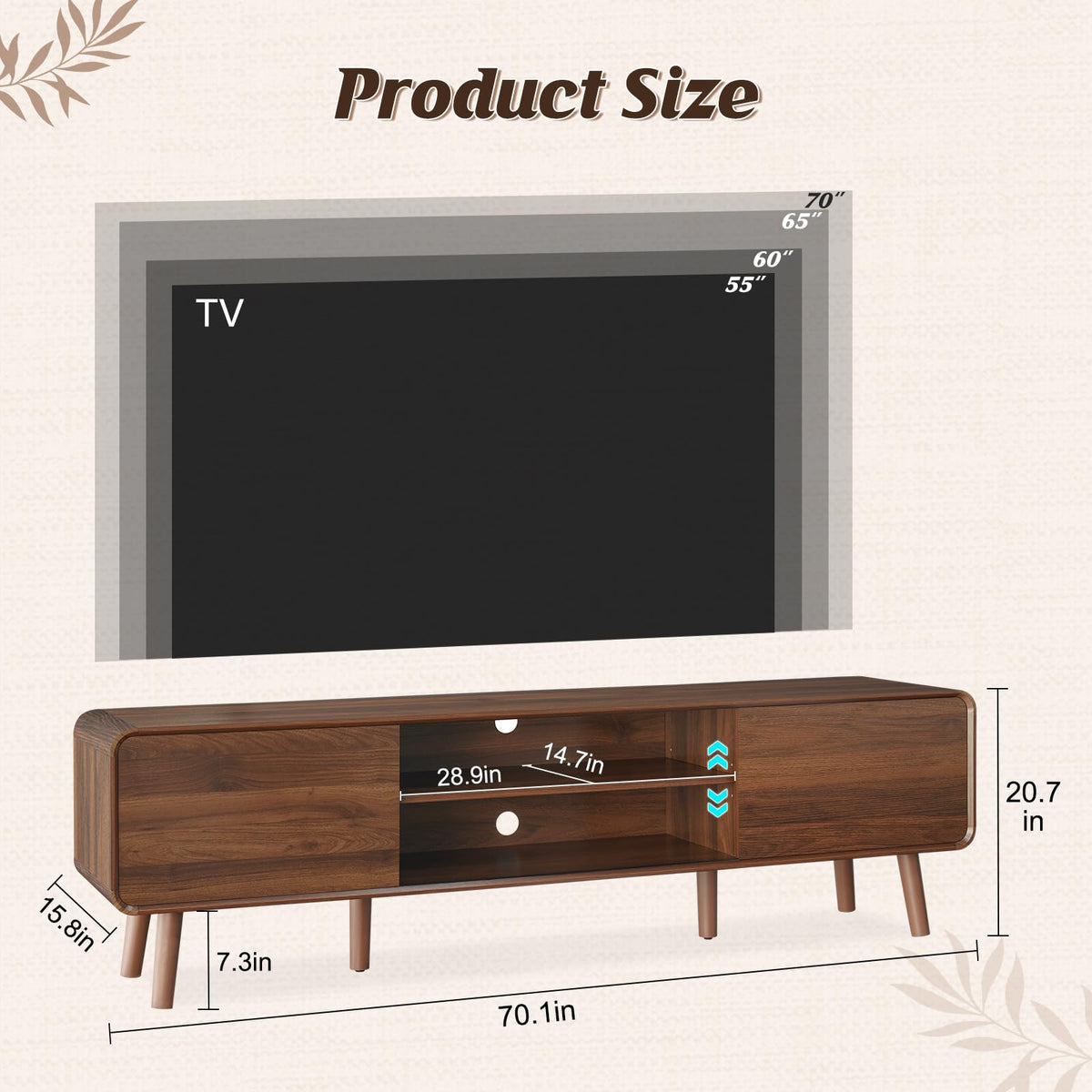 Nasonet 70" Mid Century Modern TV Stand for Tvs up to 80", Entertainment Center with Storage, Sideboard Media Console for Living Room with 2 Sliding Door/Adjustable Shelves, Walnut