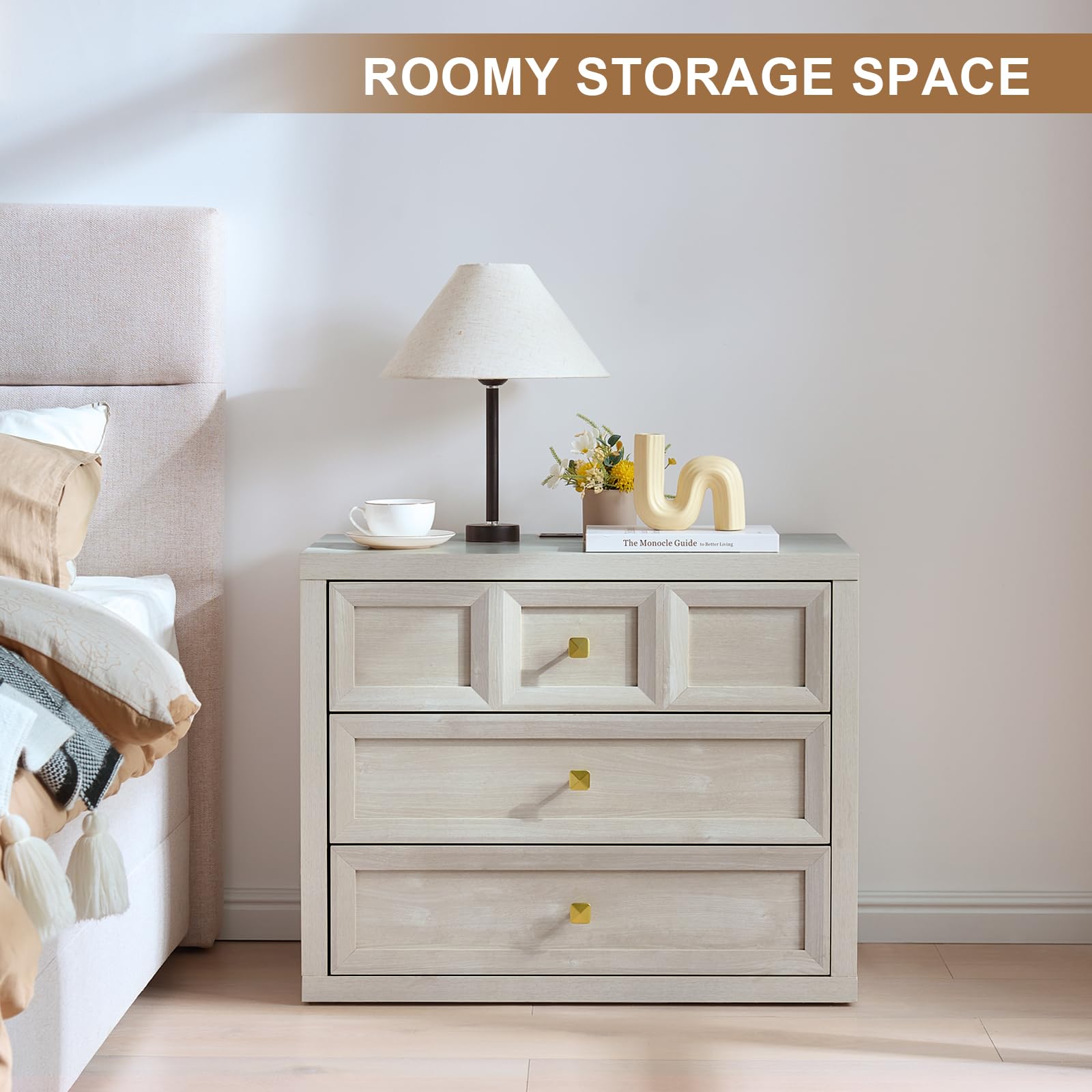 Modern 3-Drawer Nightstand Set of 2 with Charging Station