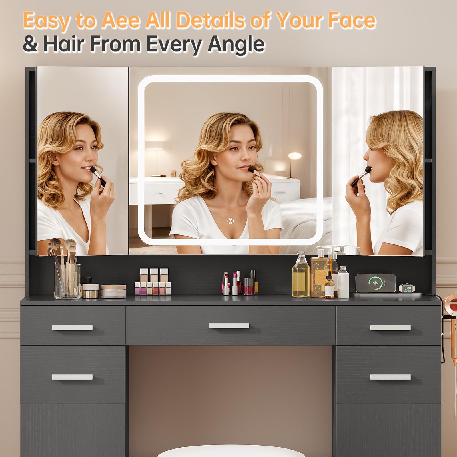 Makeup Vanity Set with Tri-Fold Mirror, Lights & Storage Stool