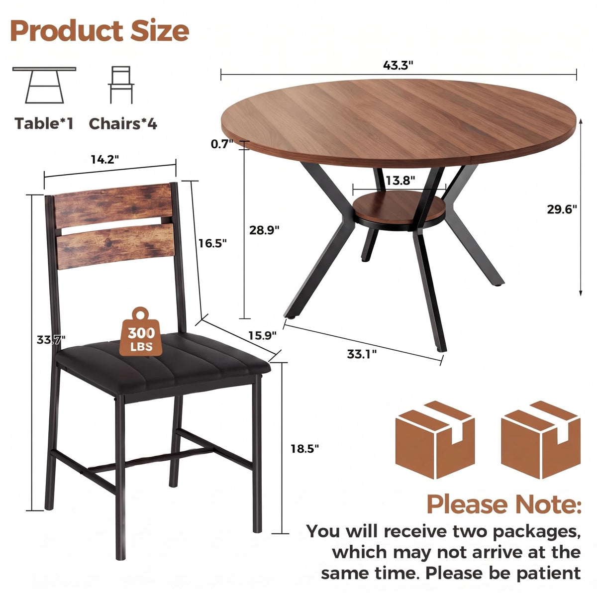IRONCK Round Dining Table Set for 4, Kitchen Table Set, Walnut