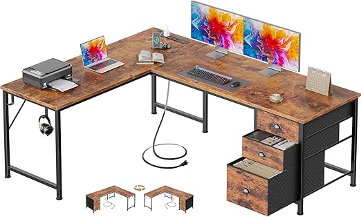 L-Shaped Desk with Power Outlet & Storage
