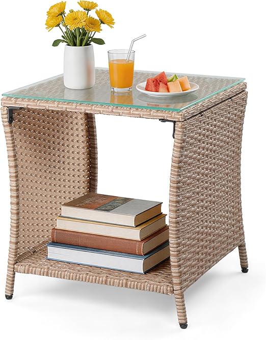 Wicker Outdoor Side Table with Tempered Glass Top & Storage Shelf