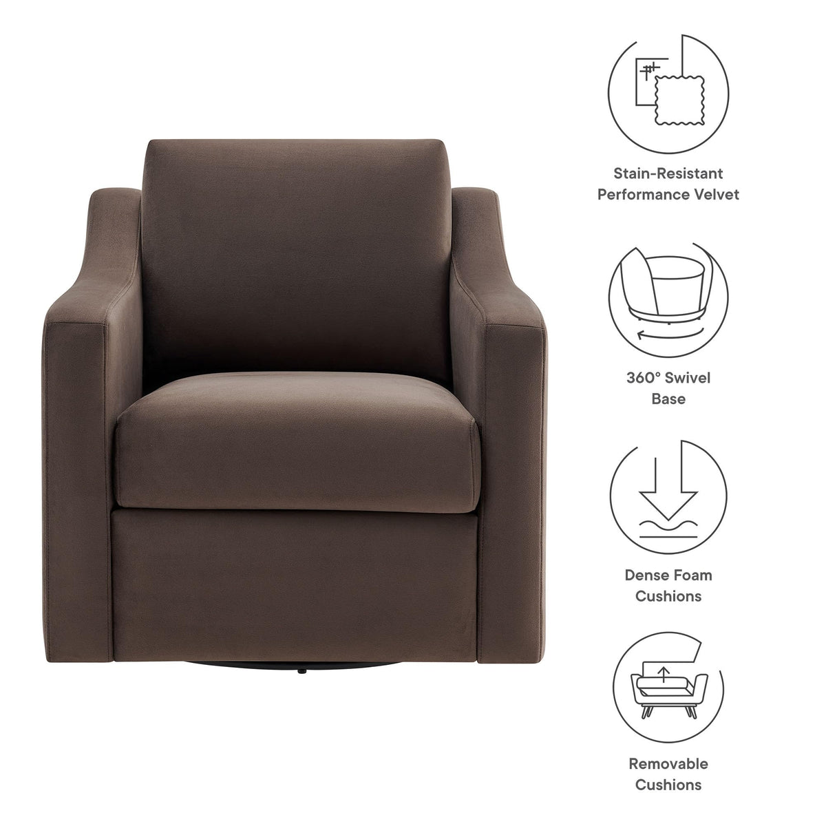 Modway Liora Performance Velvet Swivel Accent Chair in Chocolate Comfortable Stain-Resistant Velvet Armchair with Curved Armrests for Living Room, Bedroom, Reading Nook