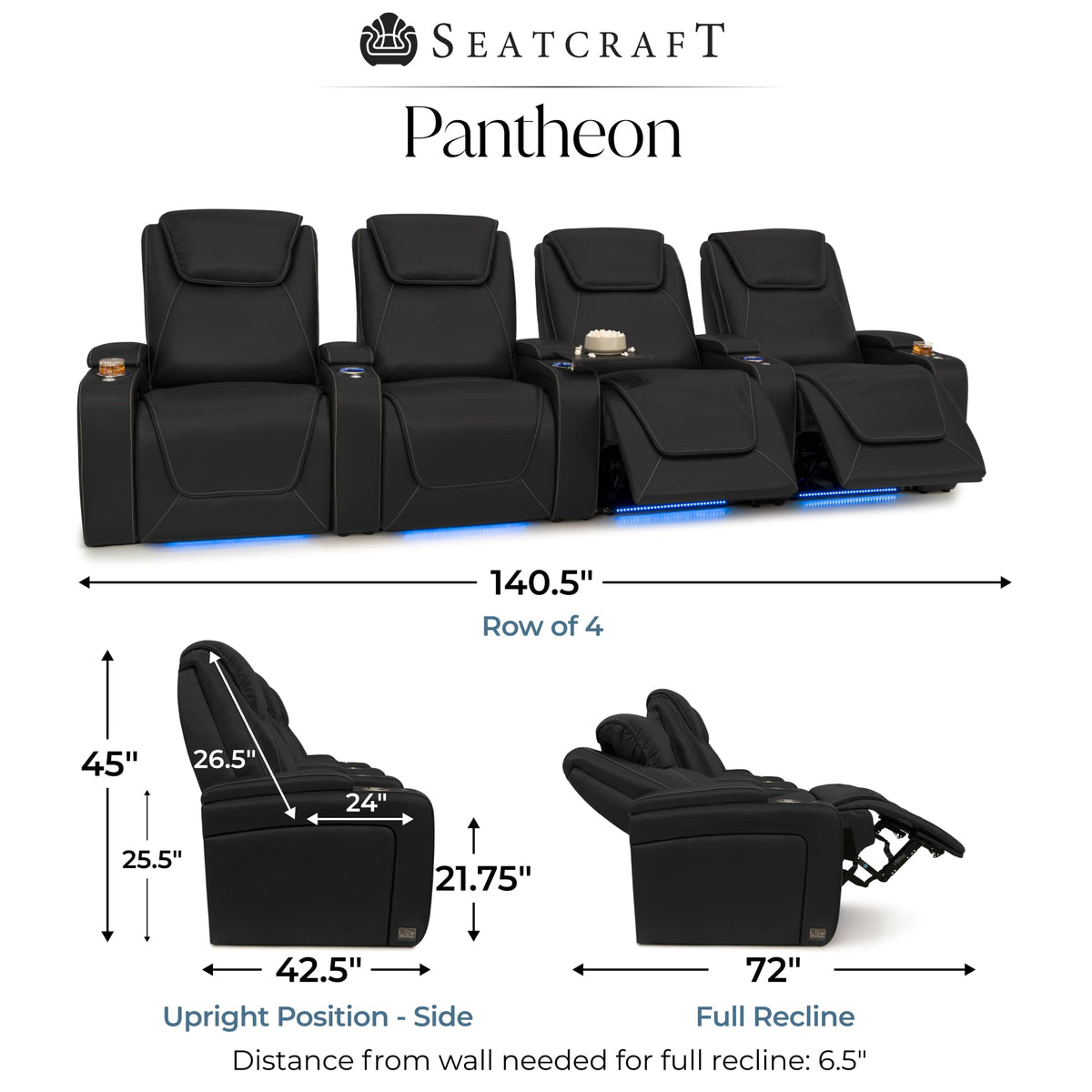 Seatcraft Pantheon Home Theater Seating Black Row of 4