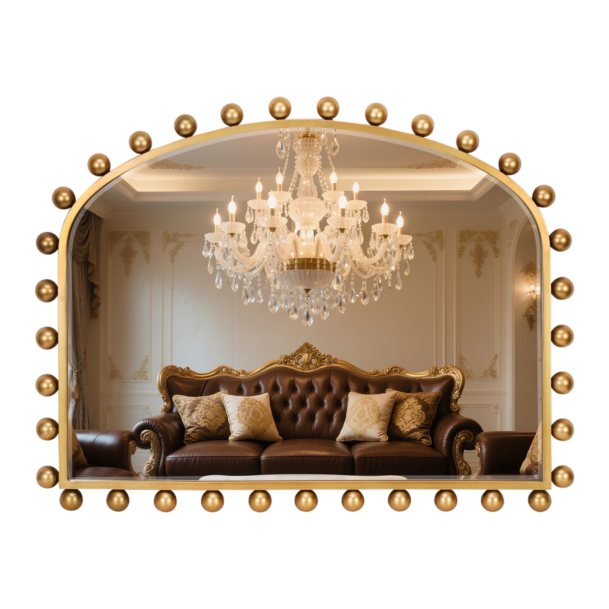 Wide Arch Wall Mirror with Antique Gold Ball Frame & Beveled Glass