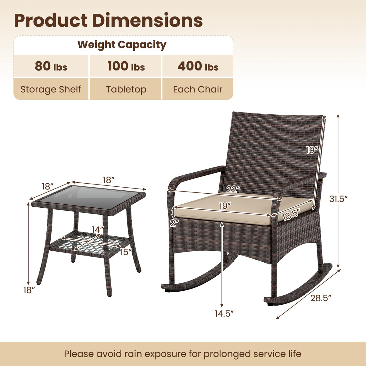 Tangkula 3-Piece Outdoor Wicker Rocking Bistro Set with 2-Tier Coffee Table