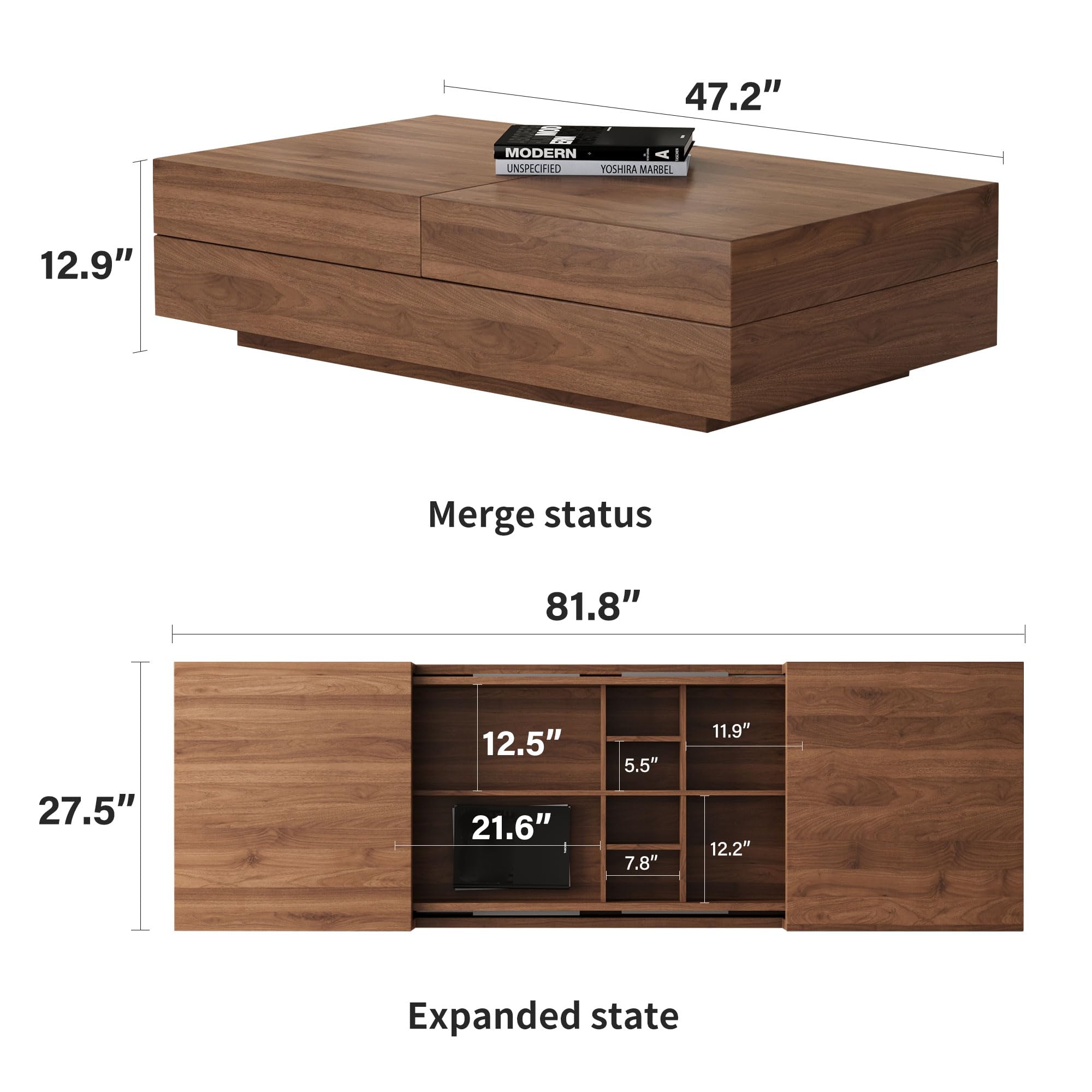 NessCarsti Mid-Century Modern TV Stand & Expandable Coffee Table Set, Walnut Finish, Stylish Storage Combo for Living Room or Bedroom (78.54“ to 103" TV Stand+Coffee Table)