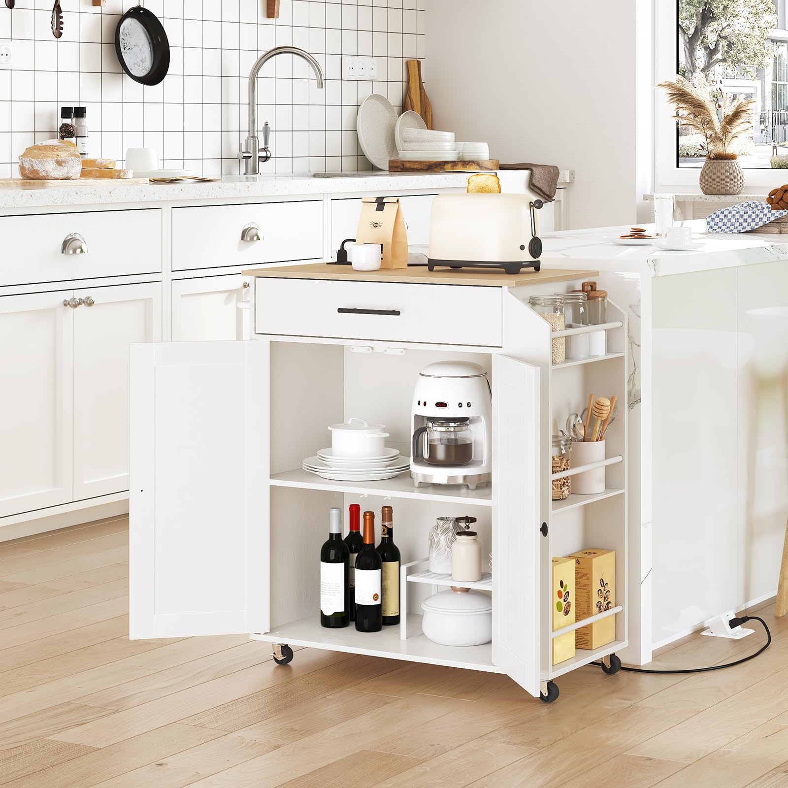 Rolling Kitchen Island Cart with Power Outlet