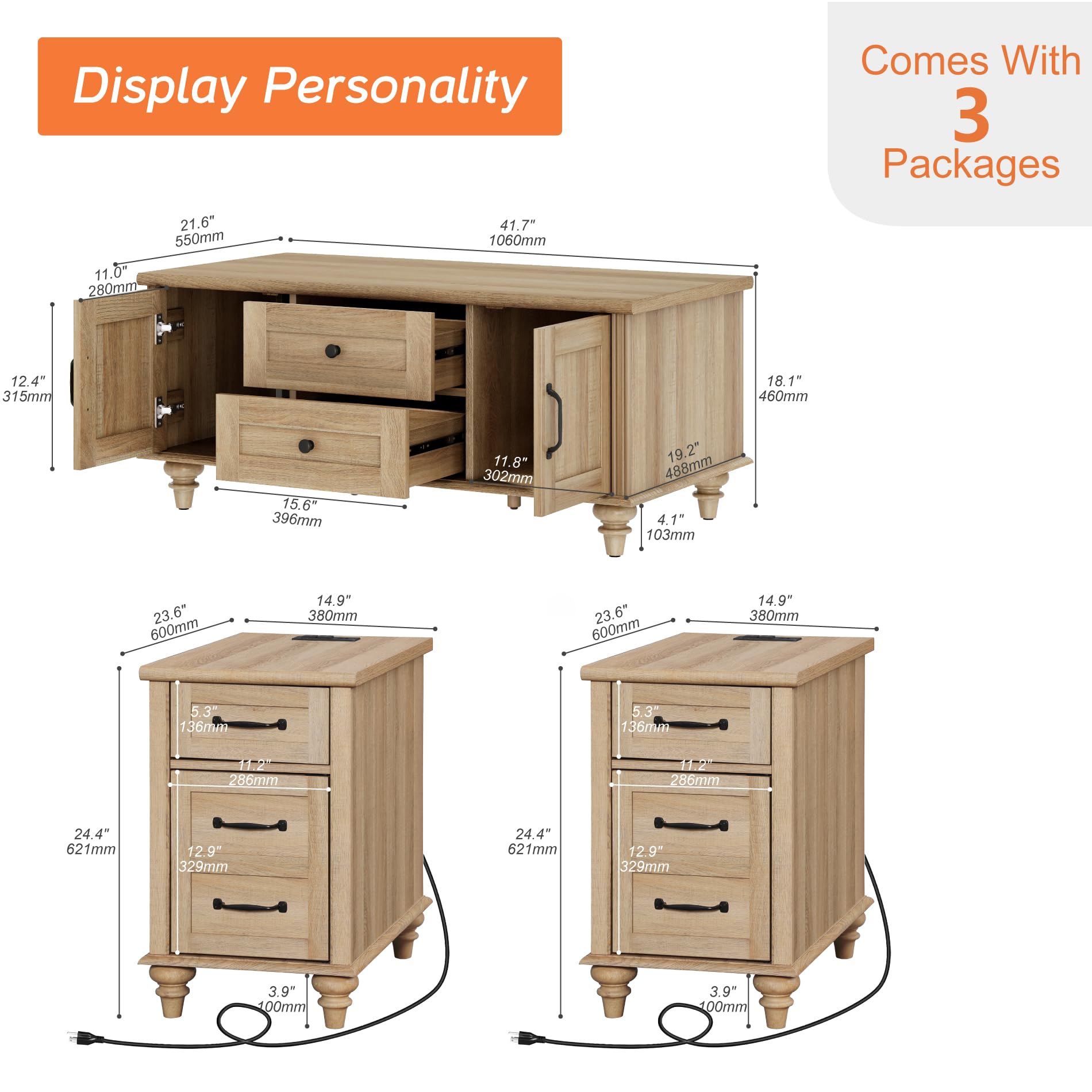 3-Piece Farmhouse Coffee & End Table Set with Charging Station