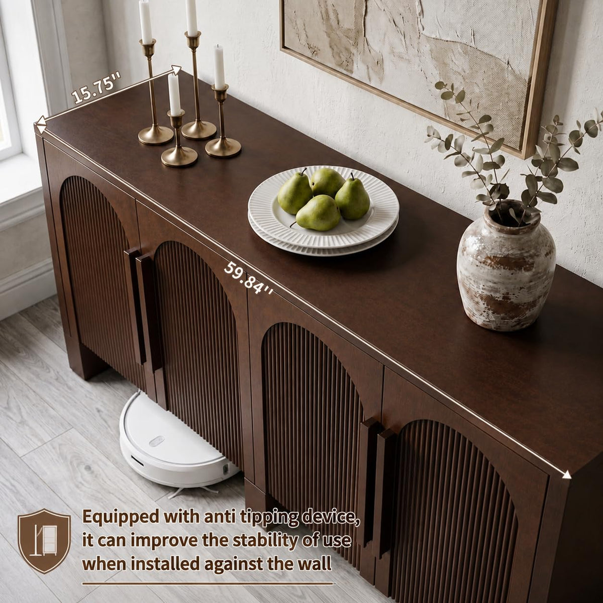 60"Modern Sideboard Cabinet with Storage,Solid Wood Arched Buffet Cabinet
