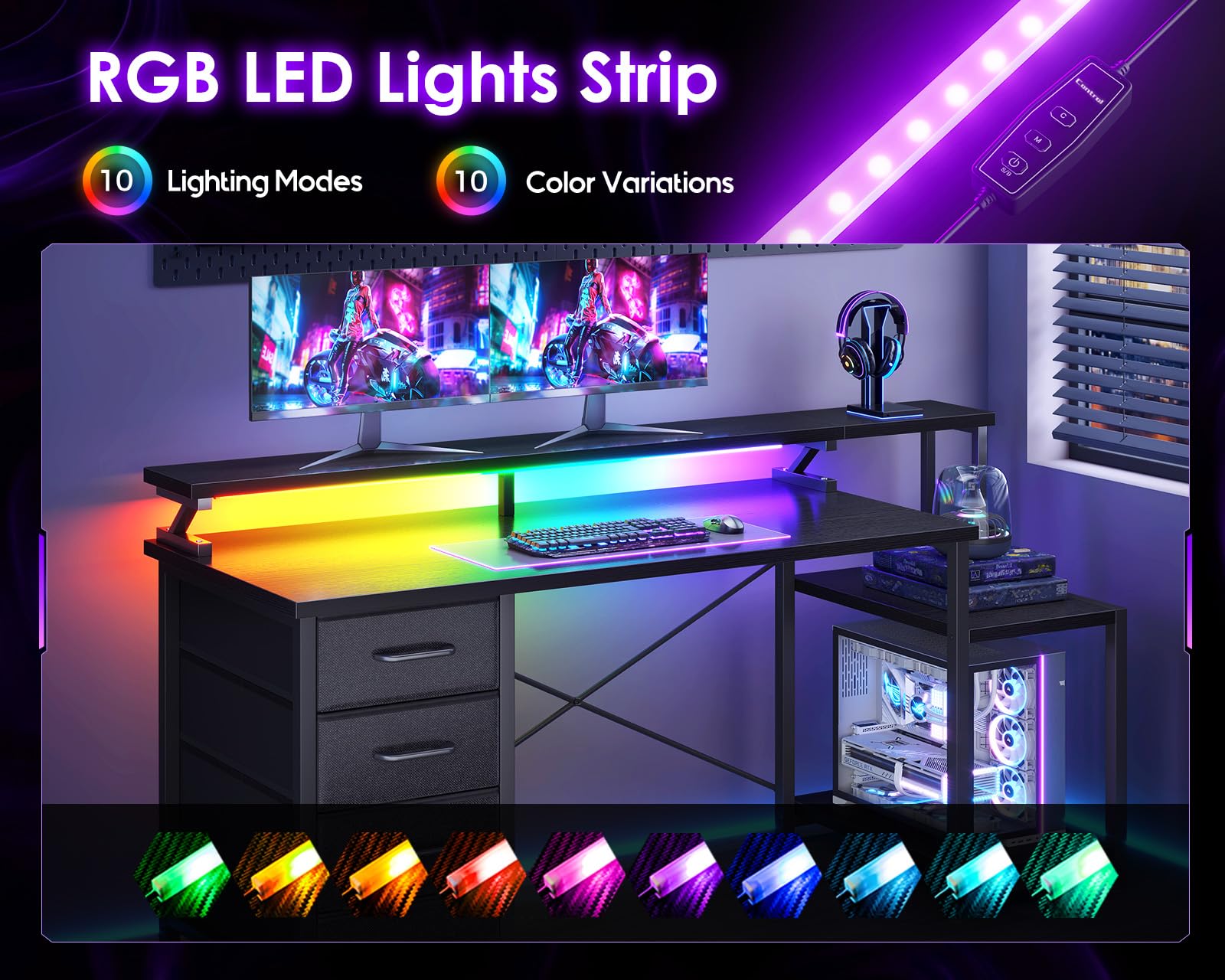 55" Computer Desk with LED Lights & 4 Drawers