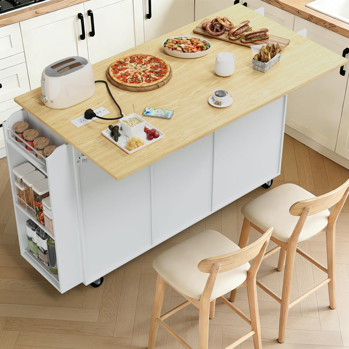 OAKANDO 60" Kitchen Island cart with Storage，Kitchen Island with Folding Drop Leaf & Power Outlet-Rolling,Towel Rack, 2 Drawers-Island Table for Kitchen with Trash Storage Cabinet