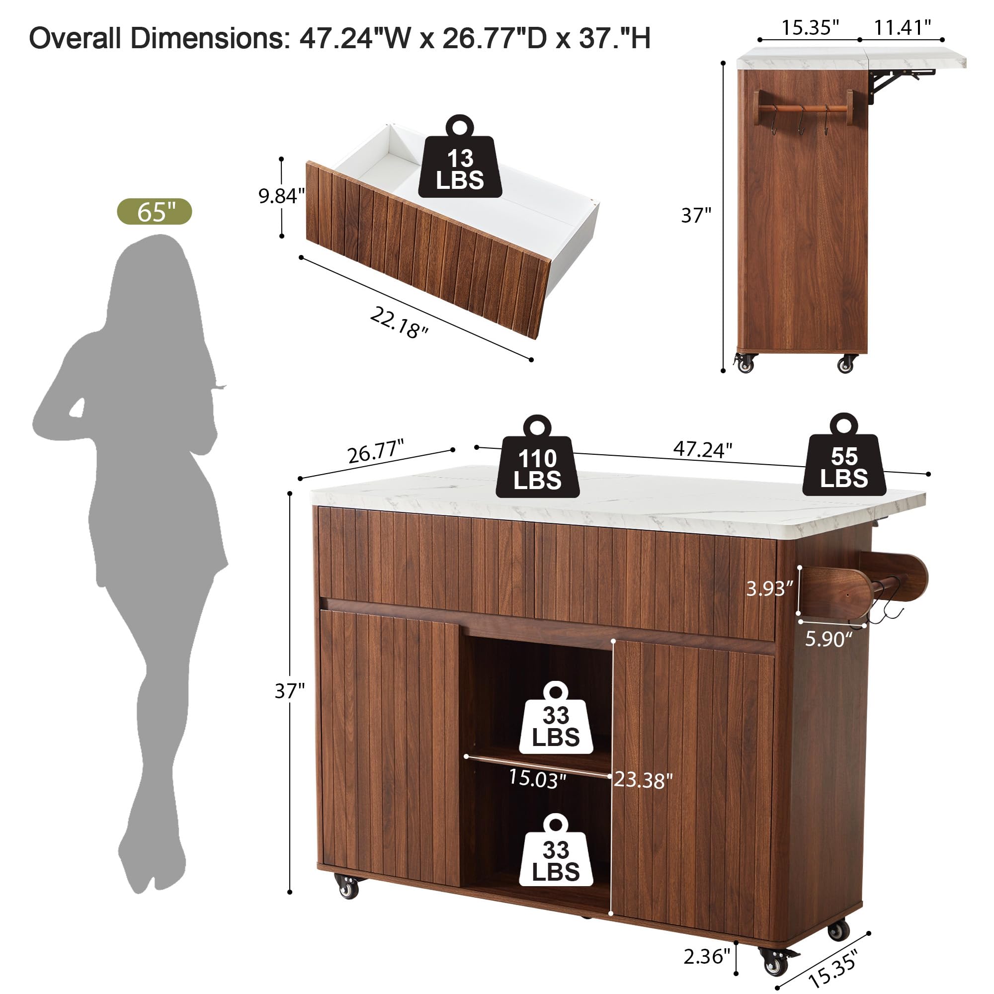 weselon 47" Mobile Kitchen Island with Storage & Drop Leaf, Rolling Kitchen Cart on Wheels with 2 Drawers, Adjustable Shelves, Towel Rack & Hooks, Faux Marble Top Island Table for Kitchen (Walnut)