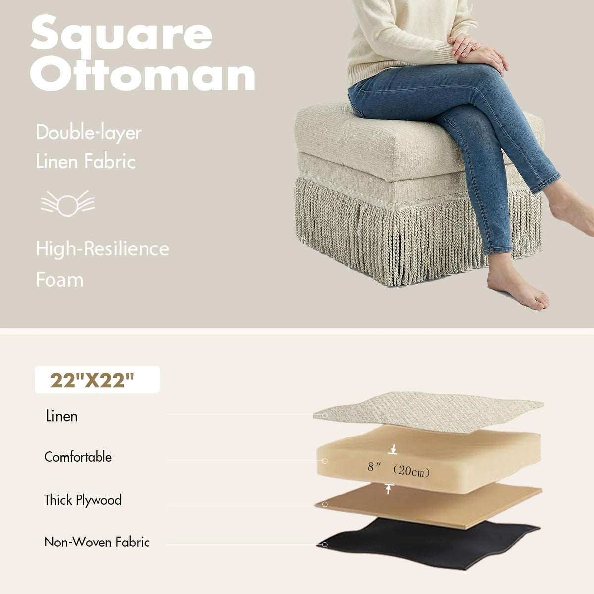 Hyfirm Upholstered Ottoman Footstool with Fringe Skirt, 21.5" Square