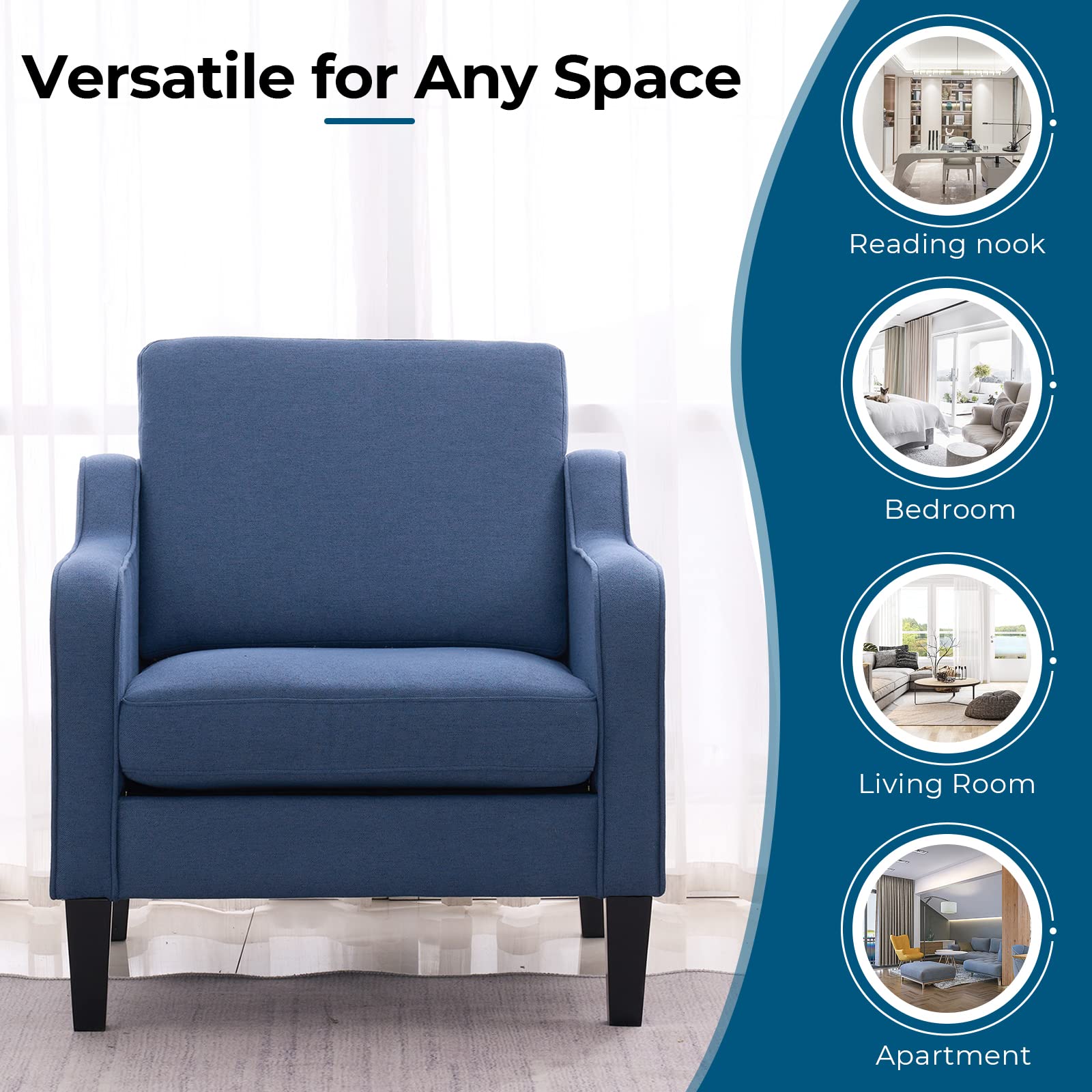 VINGLI Modern Accent Chairs Set of 2, Blue Living Room Chairs Comfy Armchair for Bedroom, Upholstered Sofa Chair Reading Chair for Small Spaces, Apartment, Waiting Room