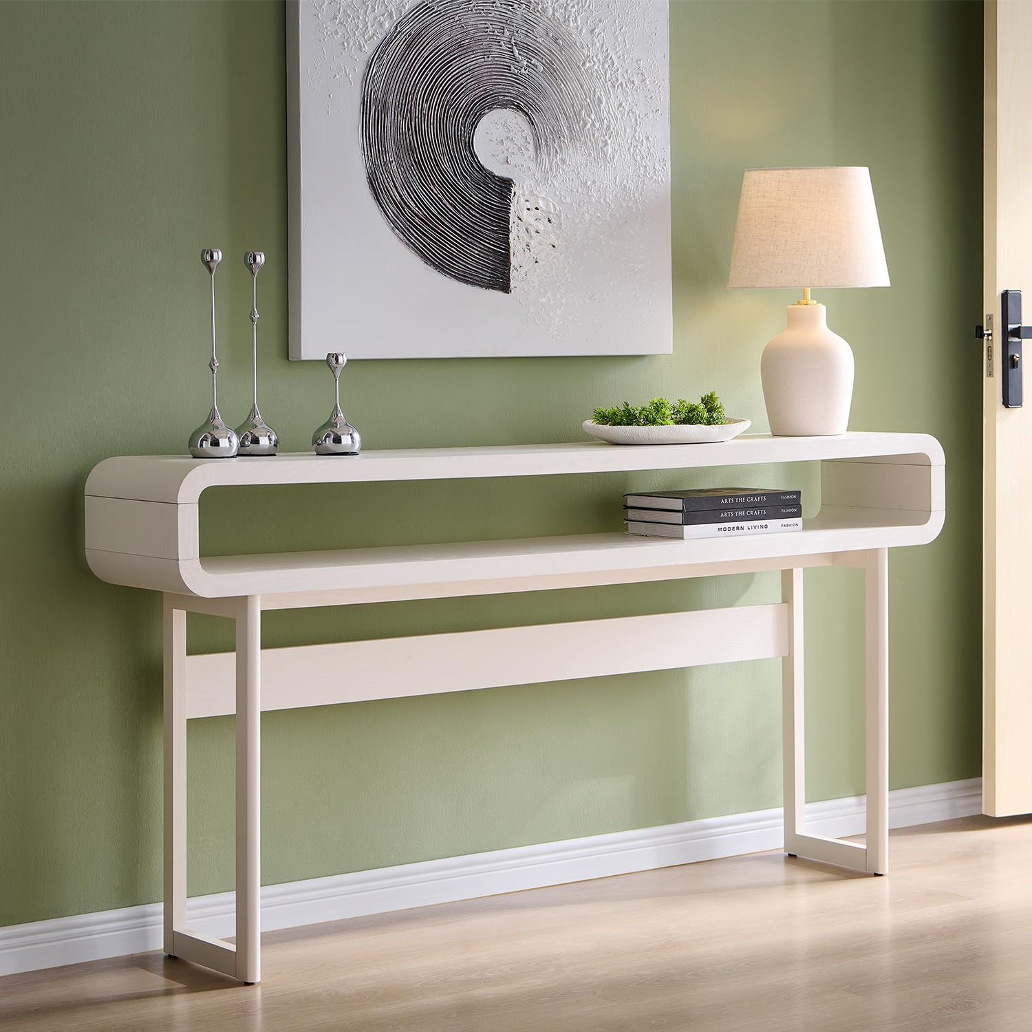 IFGET 63-Inch Long Console Table, 31.5" Tall Modern Entryway Table with Open Storage Shelf, Curved Profile Design, Narrow Wood Sofa Table Behind Couch Table for Living Room, Hallway, Foyer, White
