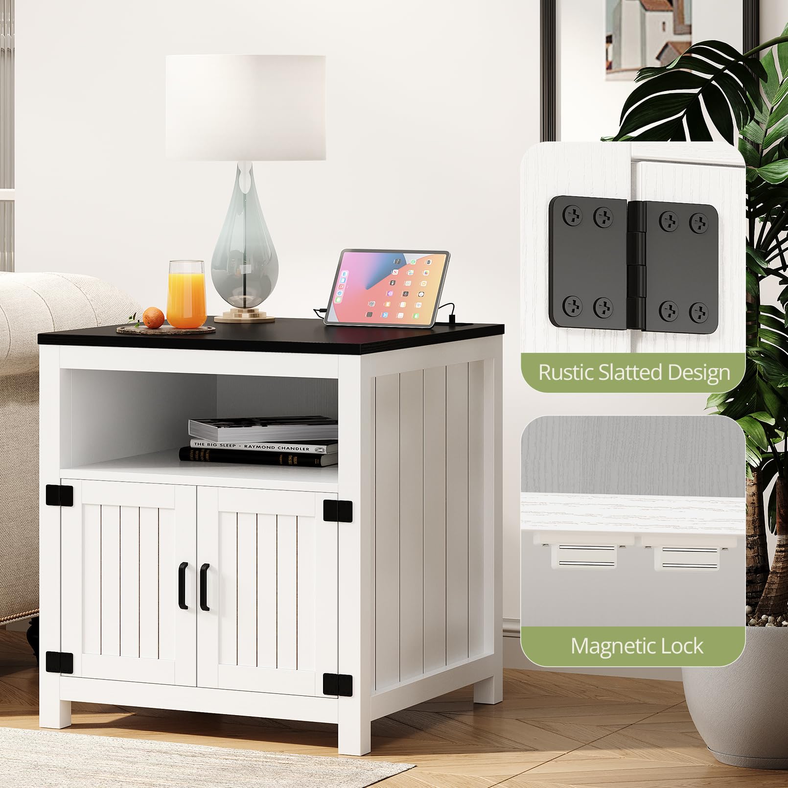 AesthLife End Table with Charging Station, 23.6''W Large Sofa Side Table with Barn Door, Farmhouse Nightstand for Living Room, Bedroom