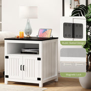 AesthLife End Table with Charging Station, 23.6''W Large Sofa Side Table with Barn Door, Farmhouse Nightstand for Living Room, Bedroom