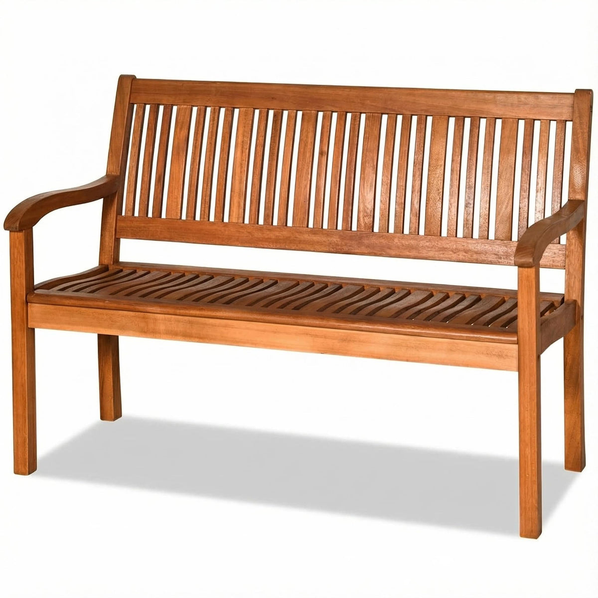 COSTWAY Wooden Bench Outdoor, Curved Armrest & Backrest, Teak Colored