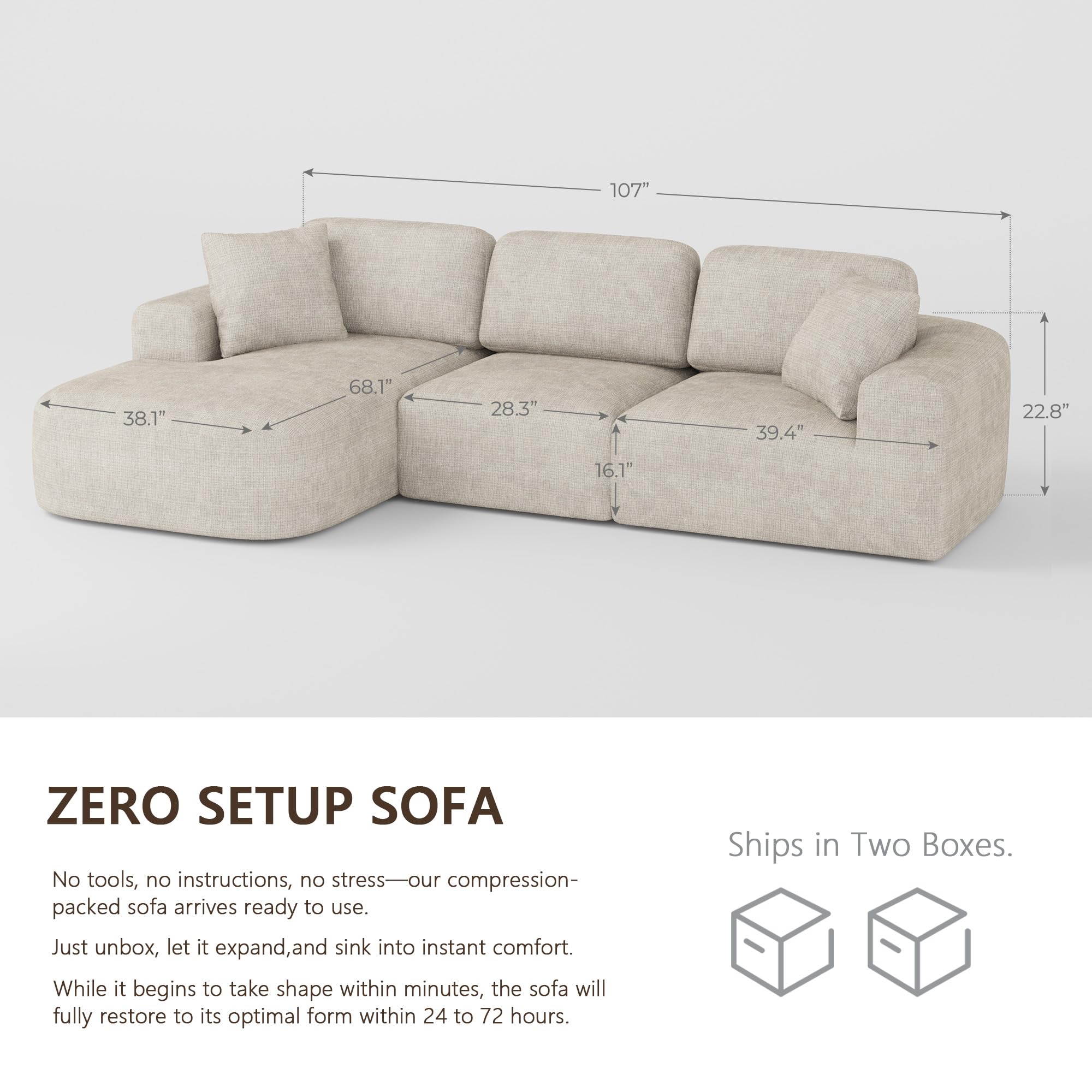 Dowinx 107'' Modular Sectional Sofa Couch with Chaise, No Assembly Required, Modern Bouclé-Inspired Upholstery, Convertible L-Shaped Design for Living Room – Oatmeal Beige