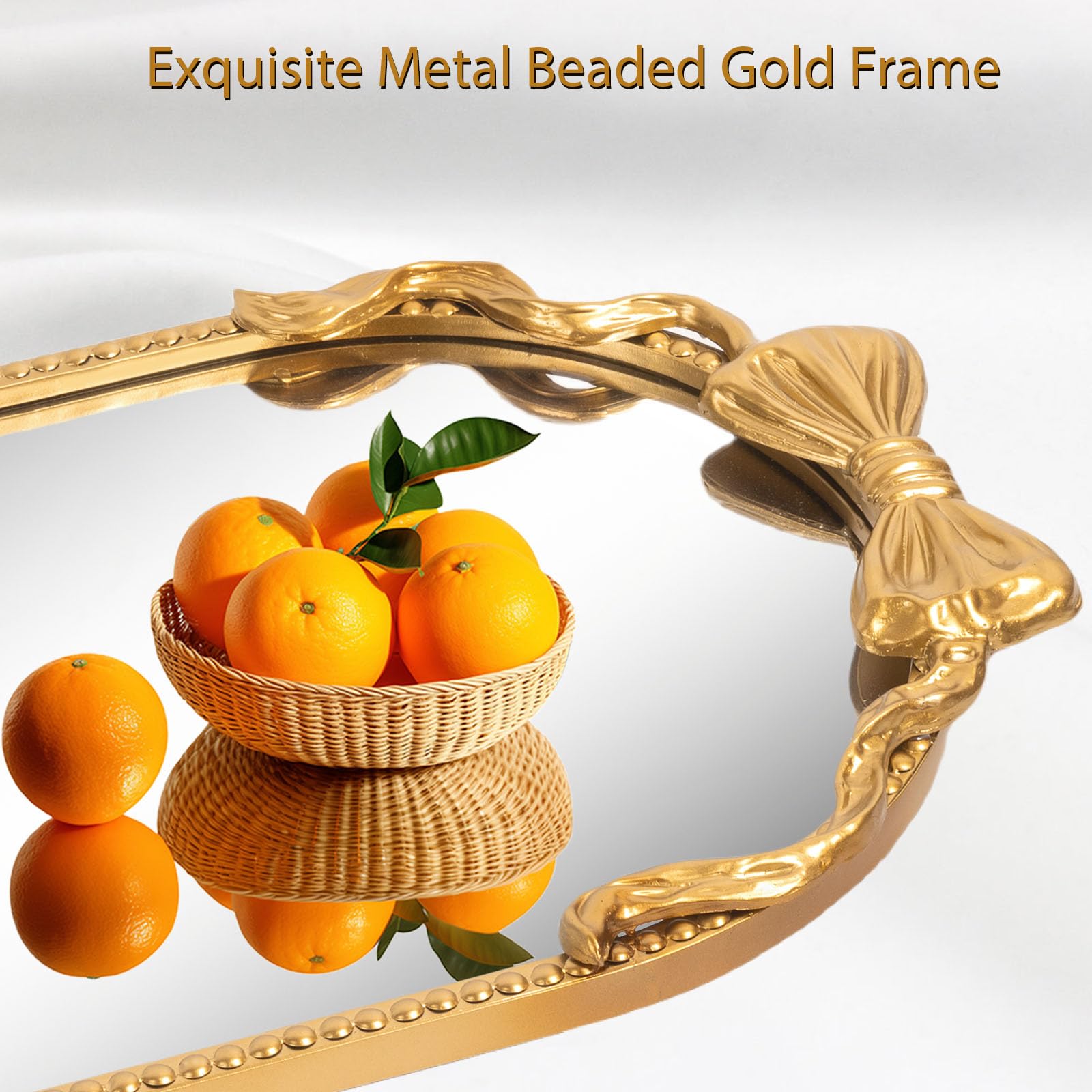 Fobule Oval Full Length Mirror, 16"x47" Gold Bow Metal Beaded Frame Large Hanging Dressing Floor Mirror for Bedroom, Living Room, Entryway