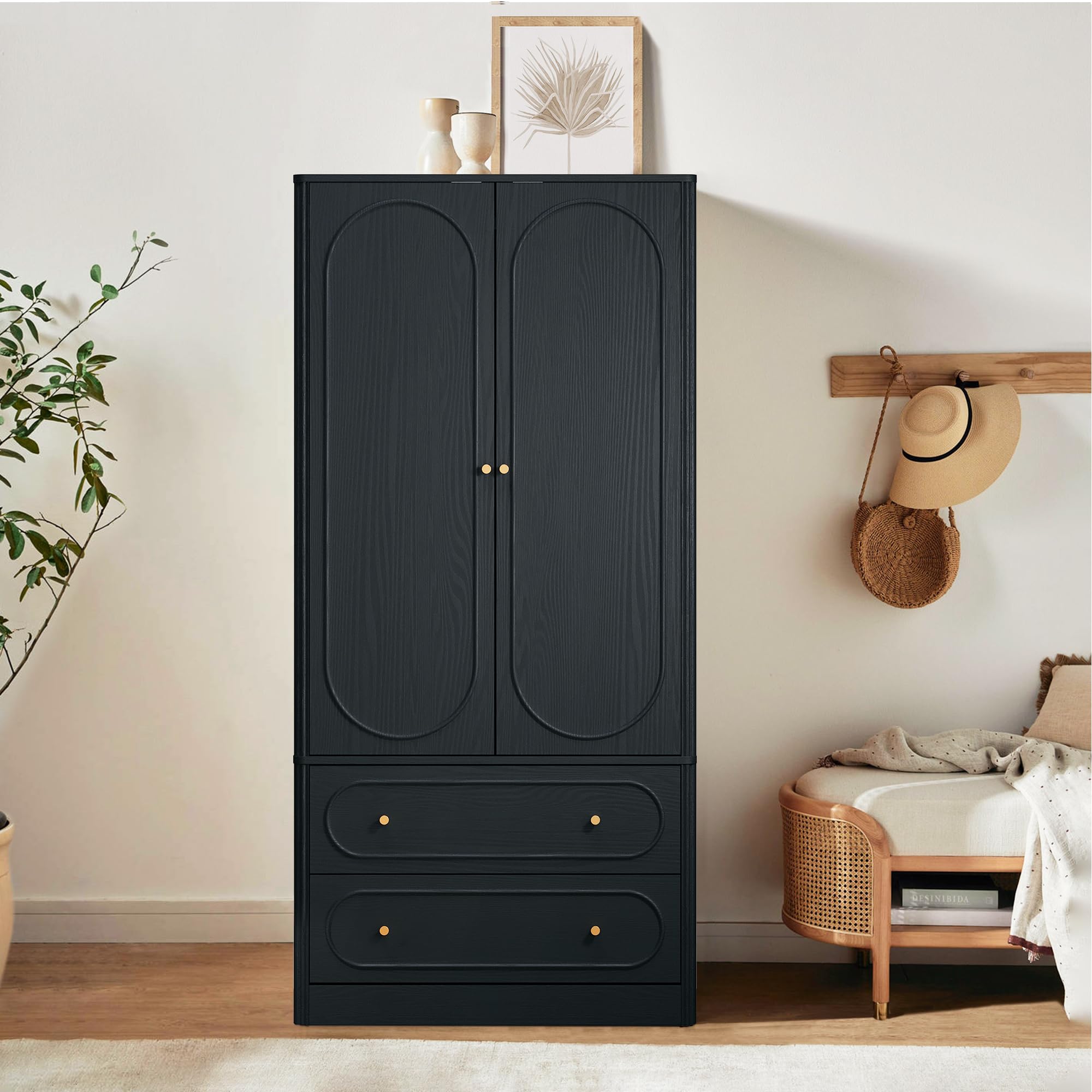 Fluted Freestanding Armoire Wardrobe Closet with 2 Doors and 2 Storage Drawers, Large Capacity Wardrobe Cabinet Set of 2, Wooden Closet for Bedroom, Living Room - Black