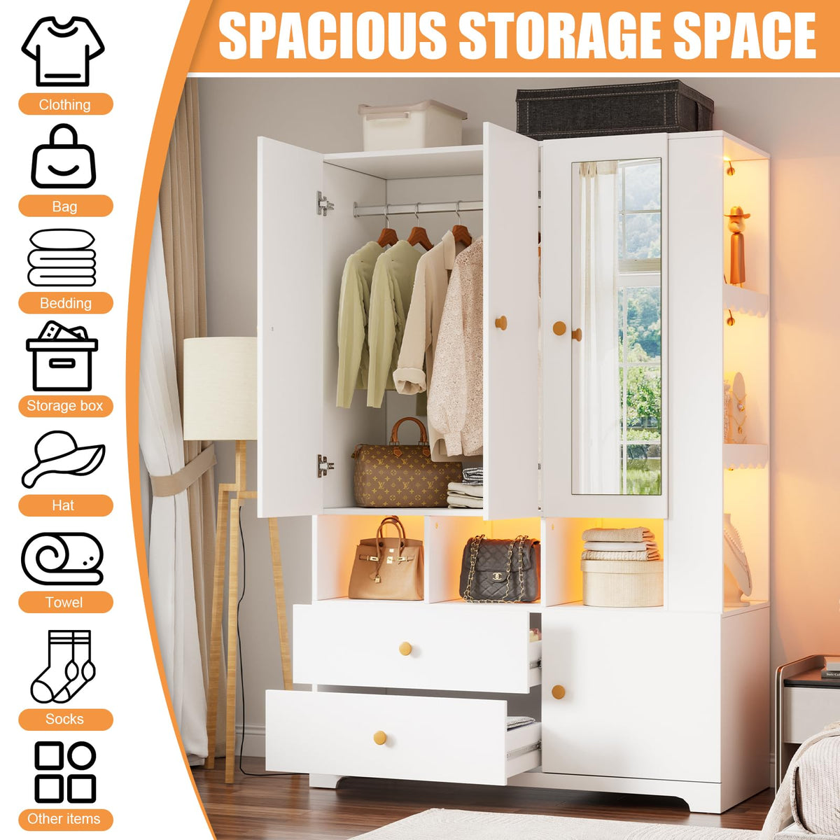 SDMY Armoire Wardrobe Closet with Mirror and LED Lights,71" Freestanding Armoire with 3 Doors,2 Drawers, Hanging Rod, Adjustable Shelves, Large Wooden Clothes Storage Cabinet for Bedroom, White