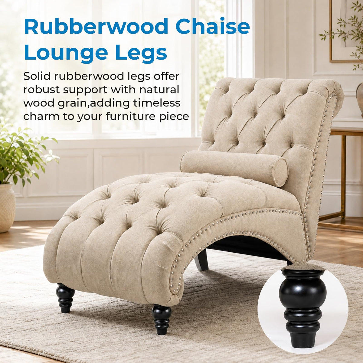 Tufted Chaise Lounge Chair Indoor, Beige Linen with Pillow & Nailhead Trim