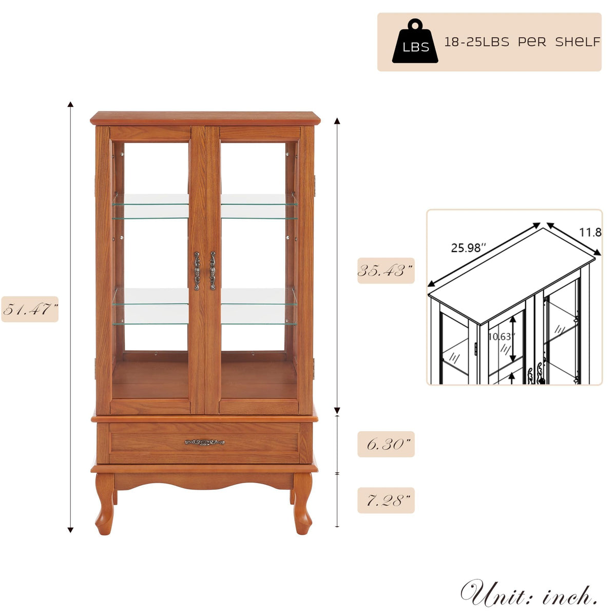 52" Lighted Accent Curio Cabinet, 3-Tier Antique Storage Cabinet with Tempered Glass Adjustable Shelves & Drawer, Acrylic Pane, Light Bulb Included, China Display Case for Living Room (Dark Oak)
