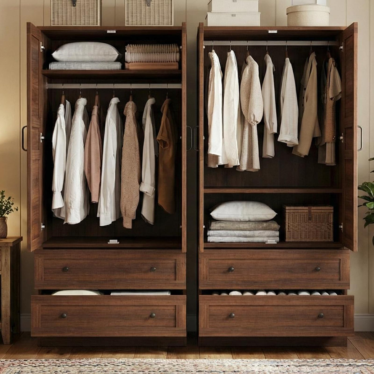 Walnut Wardrobe Armoire with Drawers
