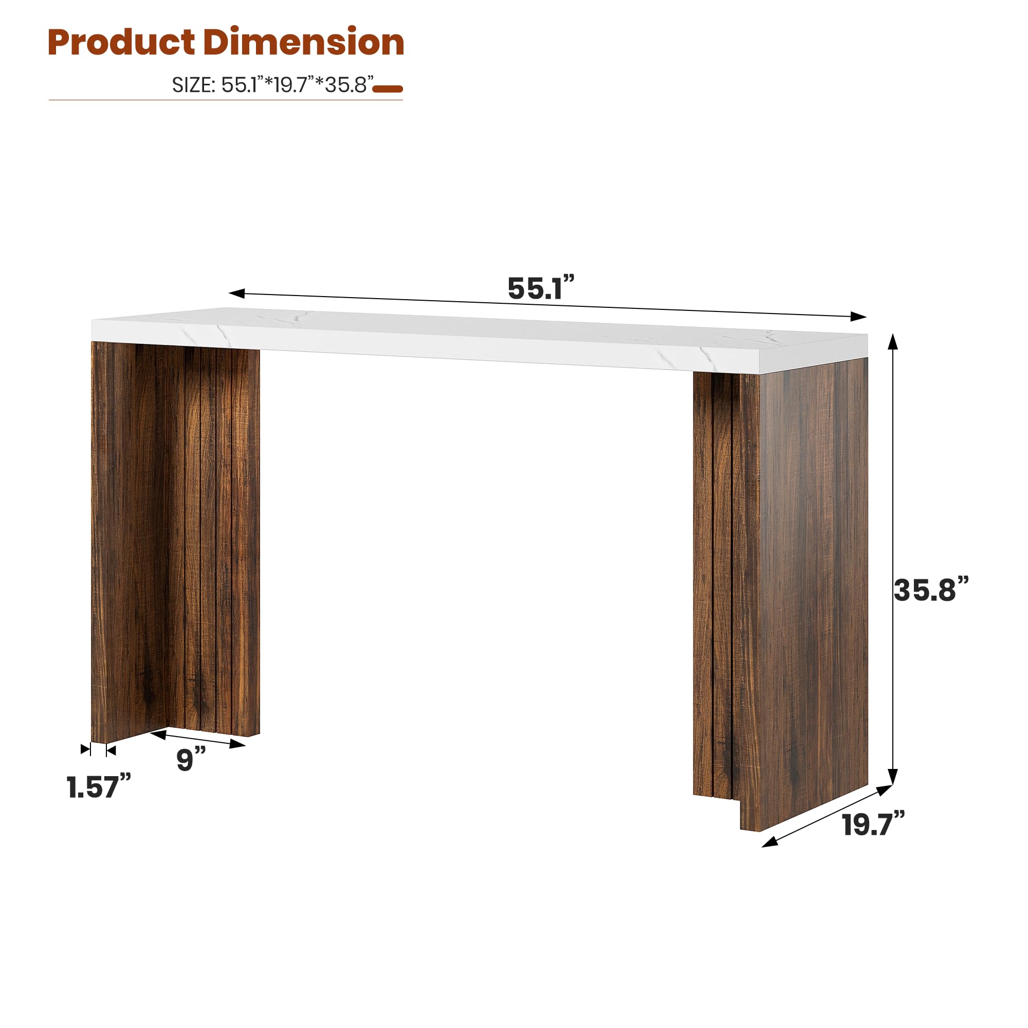 Bar Table for 4-6 People - 55” Long Counter Height Pub with Extra Thickened Tabletop, Modern Rectangular Home Bar Coffee Unit for Kitchen, Dining Room, Balcony, Living Room, Basement, White+Walnut