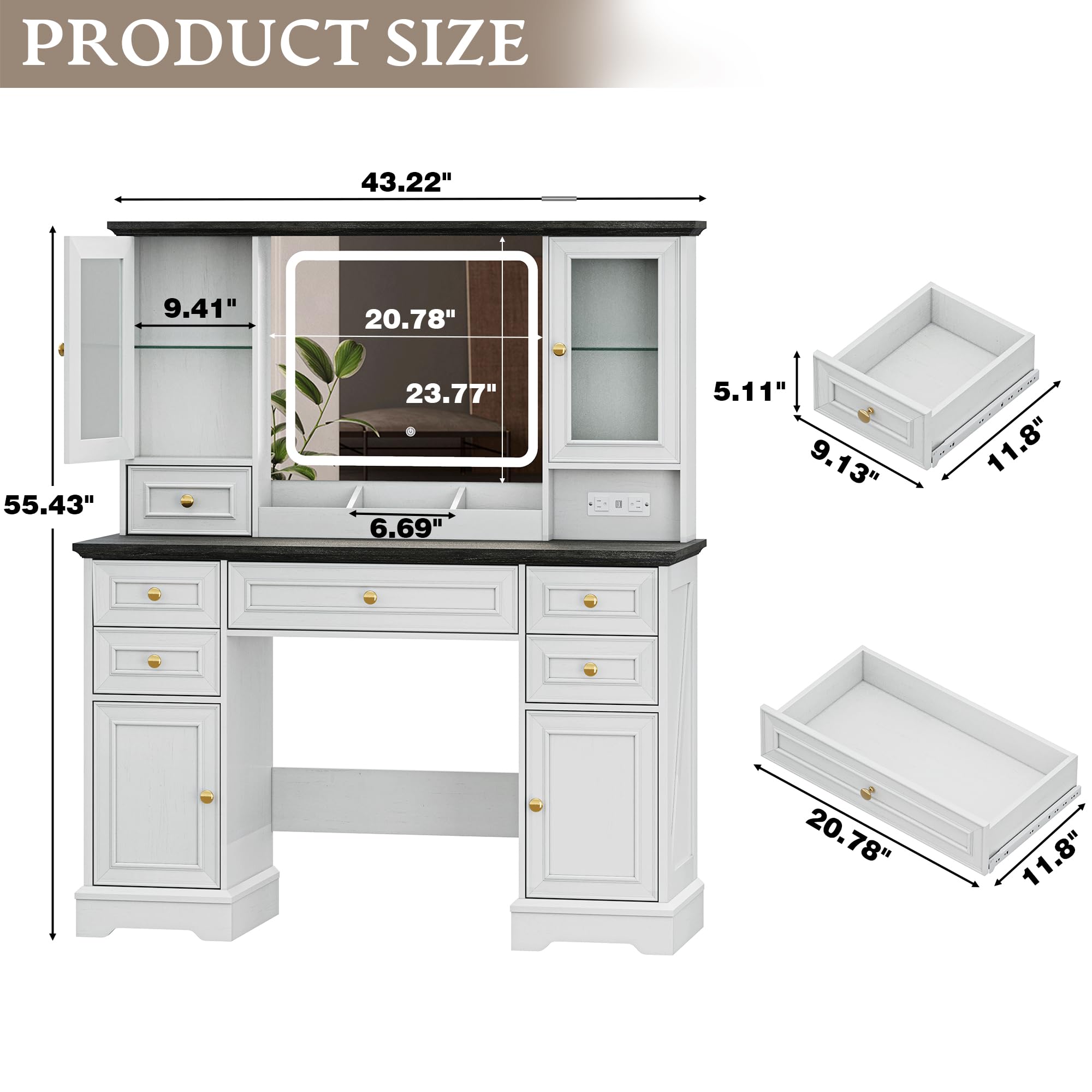 Vanity Desk with HD Lighted Mirror & Power Outlet, Farmhouse Makeup Vanity Table Set with Storage Drawers & RGB Cabinets, Large Dressing Table with 3 Lighting Modes for Women Girls Kids Bedroom, White
