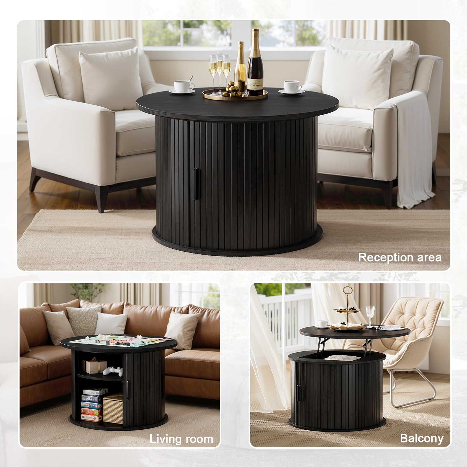 FABATO Round Lift Top Coffee Table, Fluted Wood Accent Coffee Table with Hidden Storage and Open Shelves, Drum Table with Sliding Rolling Door, Small Center Table Dining Table for Living Room, Black