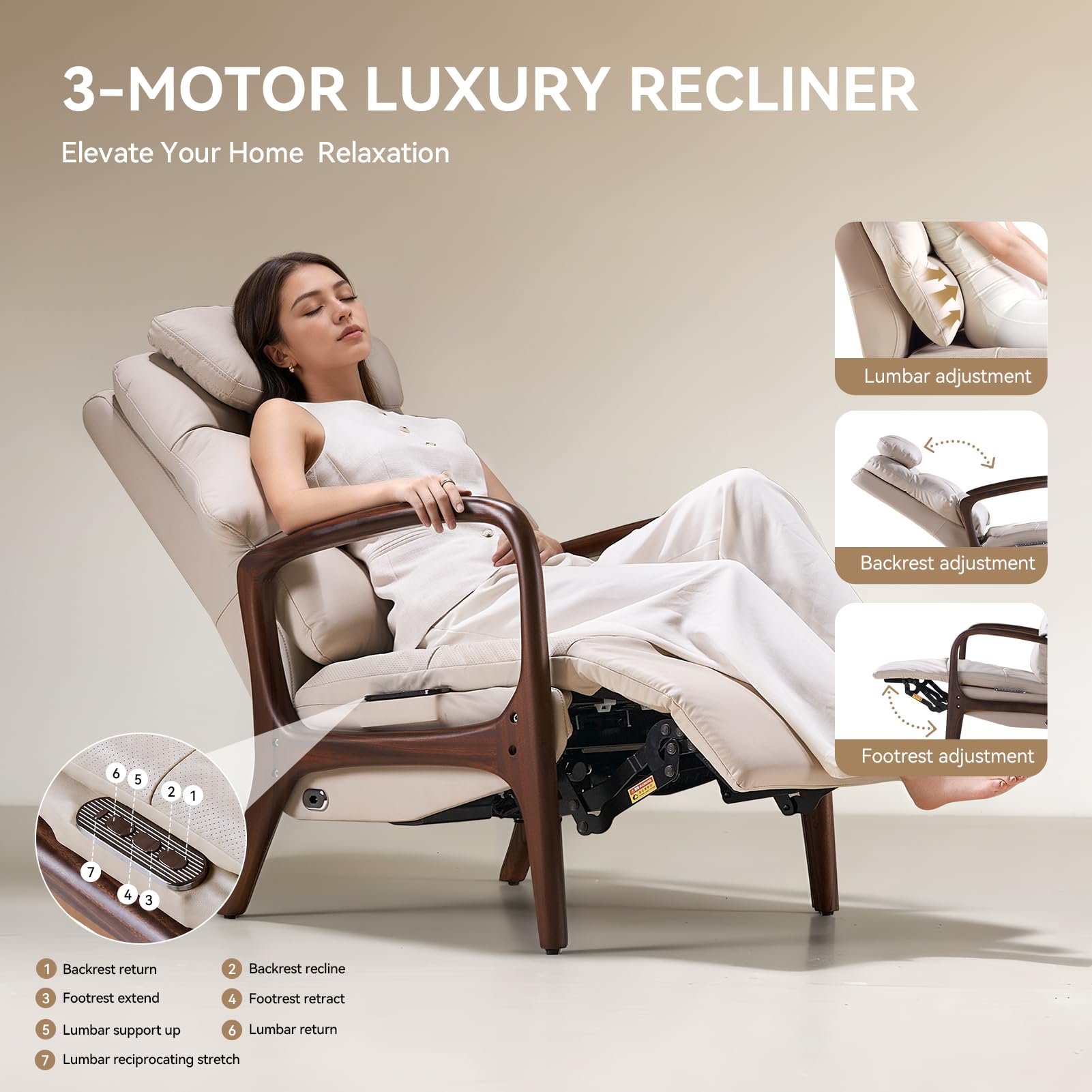 EMIAH M7 Power Recliner Chair for Adults with Adjustable Lumbar Support & 5-Min Rhythmic Stretch, 160° Reclining Faux Leather Accent Chair with Adjustable Headrest for Living Room Home Theater(Beige)