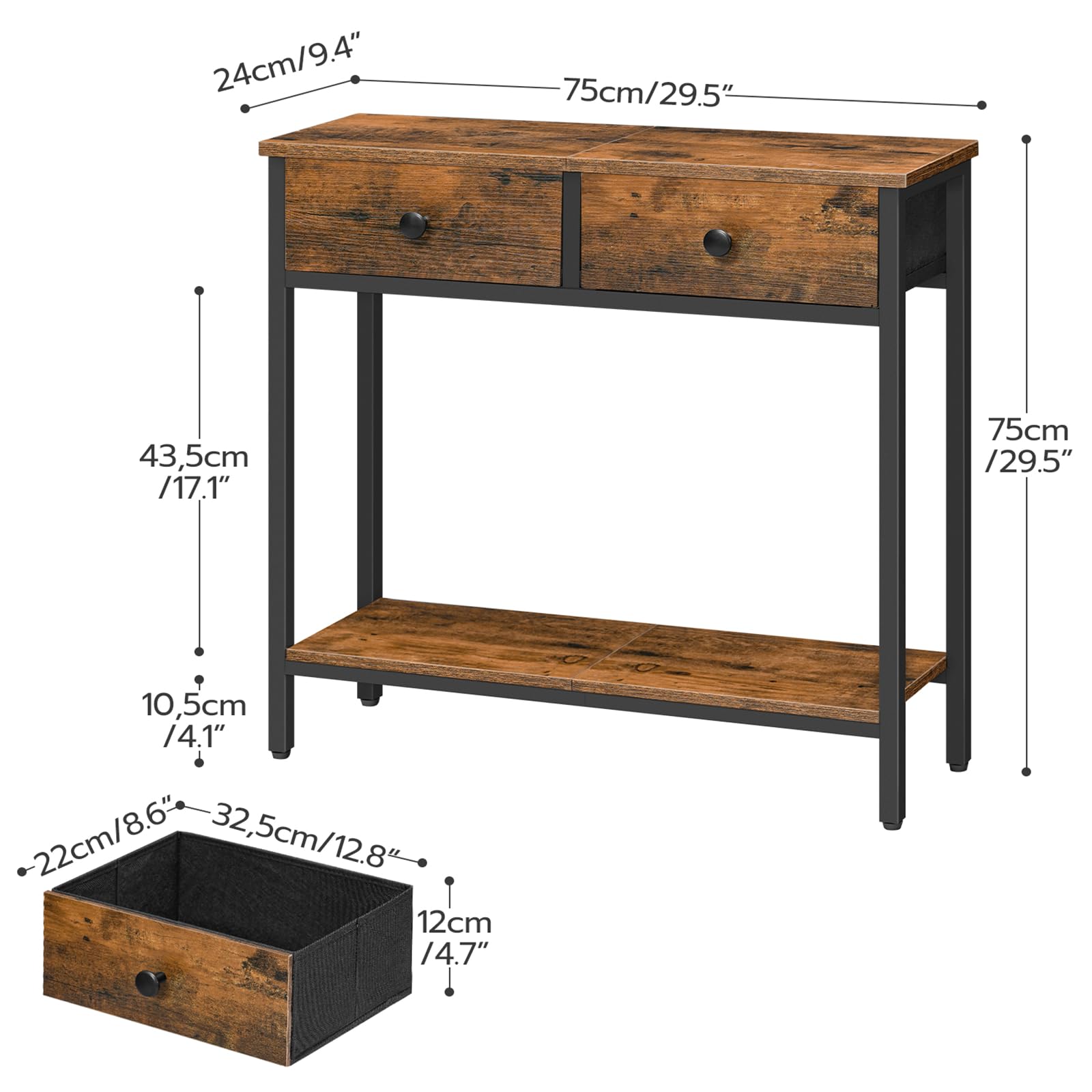 HOOBRO 29.5" Narrow Console Table with 2 Fabric Drawers, Small Entryway Table with 2-Tier Storage Shelves, Sofa Table, Behind Couch Table, for Living Room, Hallway, Rustic Brown and Black BF71XG01