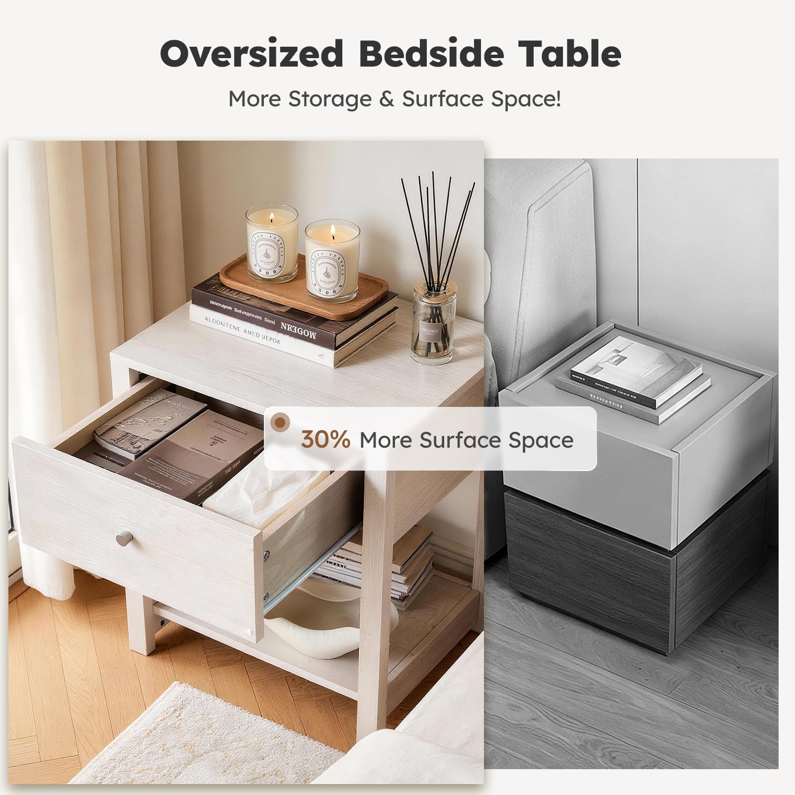 White Nightstand Set of 2 with Drawer & Storage Shelf