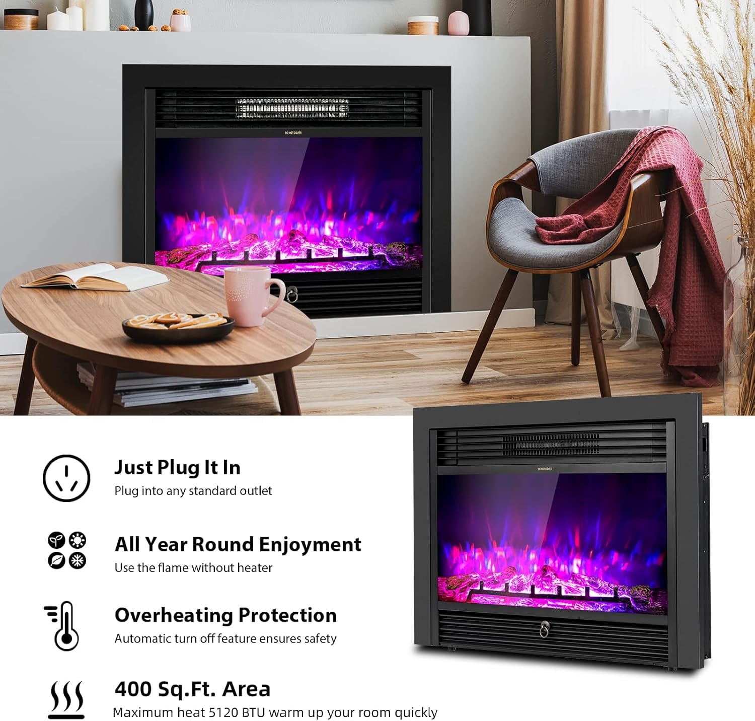 In-Wall Electric Fireplace Insert with Heater