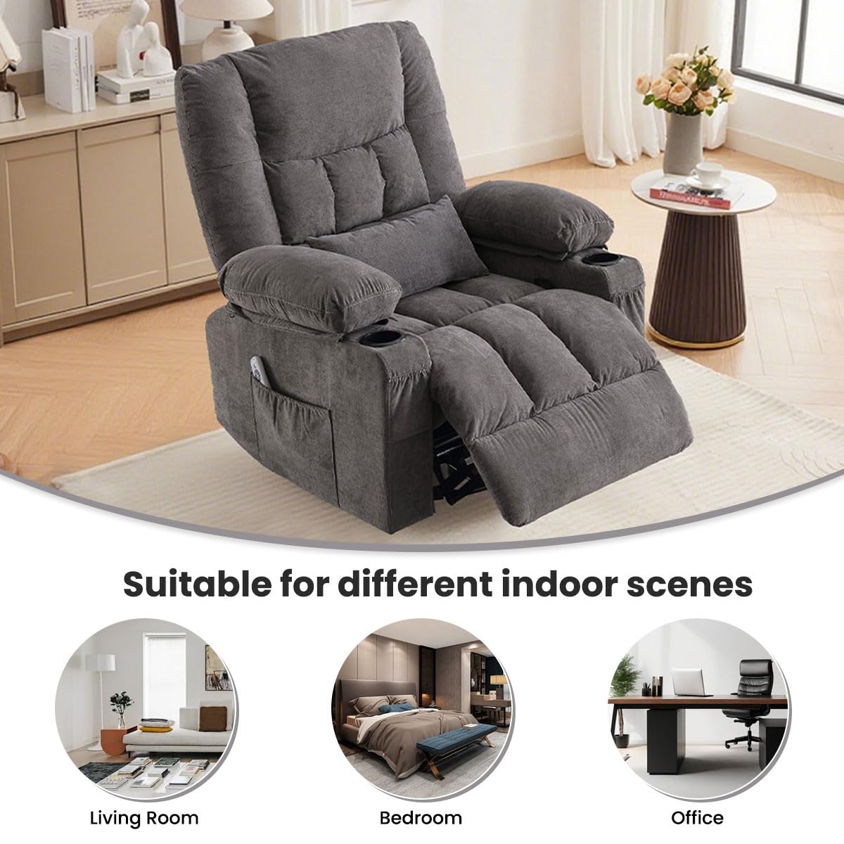 BOSMILLER Oversized Recliner Chair for Adults with Vibration Massage and Lumbar Heating Swivel Rocker Recliner with Cup Holder and USB Charge Port for Living Room