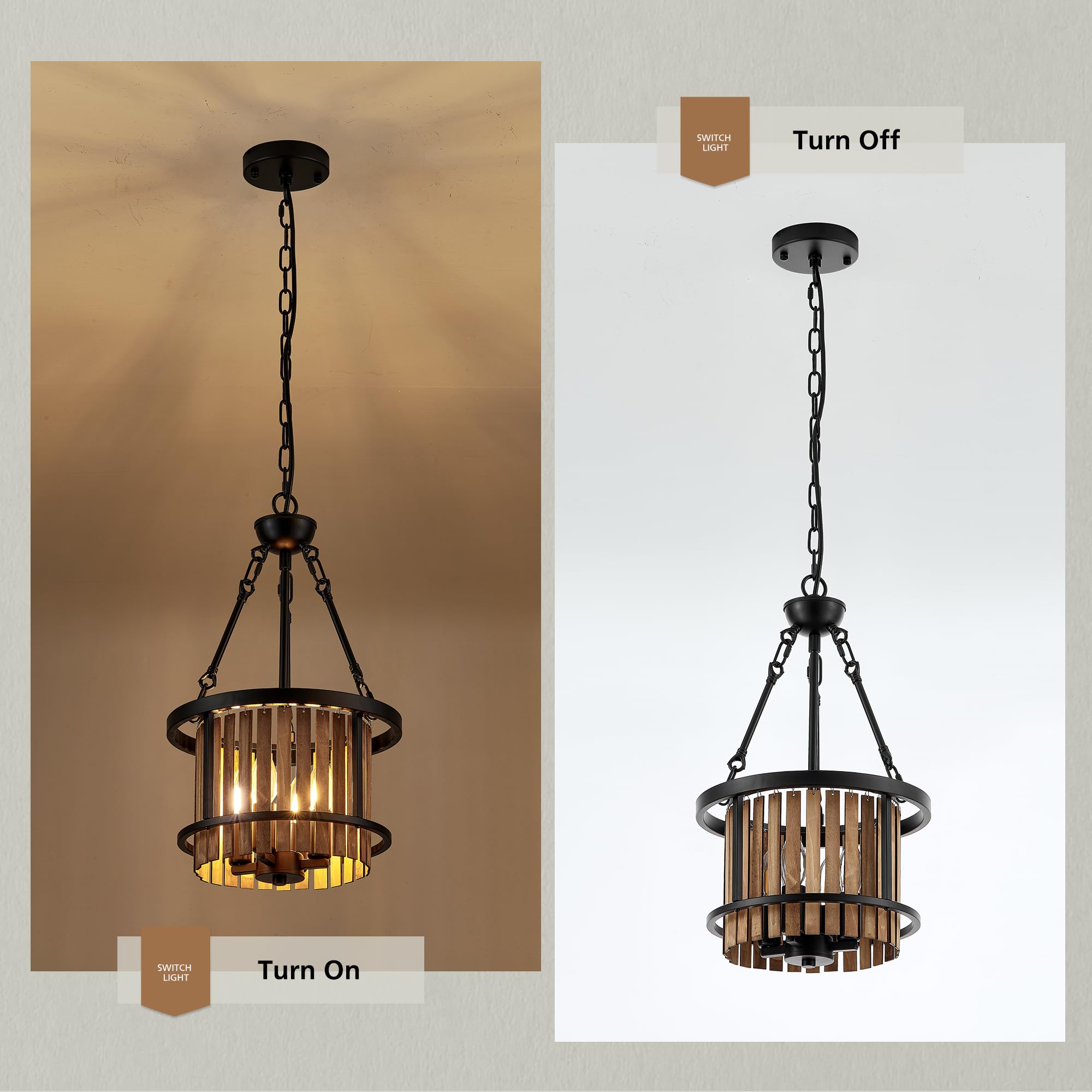 Aol furin 4-Light Drum Chandelier for Dining Room，11.8" Rustic Farmhouse Dining Room Light Fixture，Wood Grain and Vintage Black Metal Chandeliers for Kitchen Entryway Living Room
