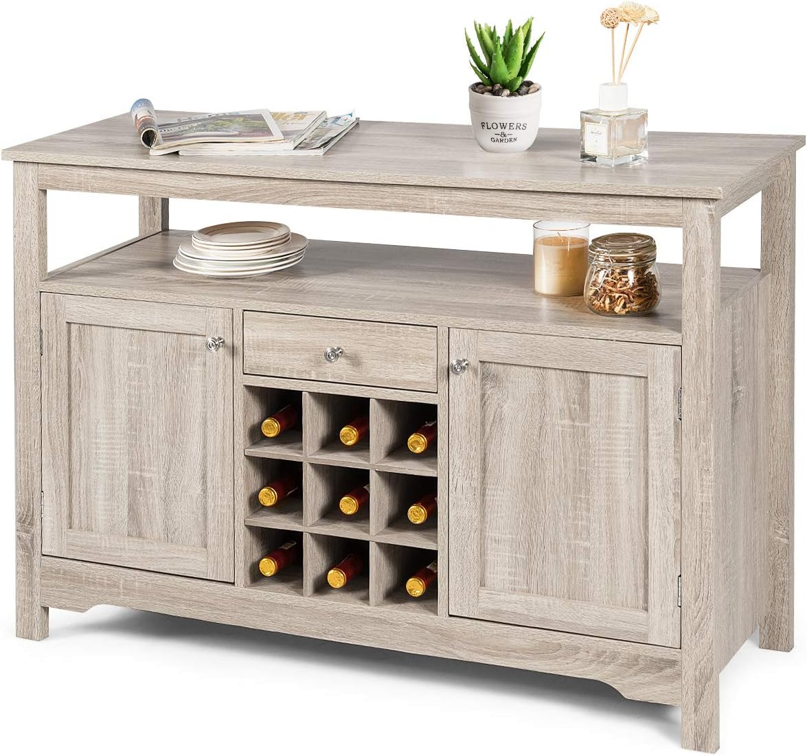 Giantex Buffet Server Sideboard, Console Wood Dining Table, Cupboard Table with 2 Cabinets, 1 Drawer and 9 Wine Cabinets, Storage Organizer Kitchen and Dining Room (Gray)