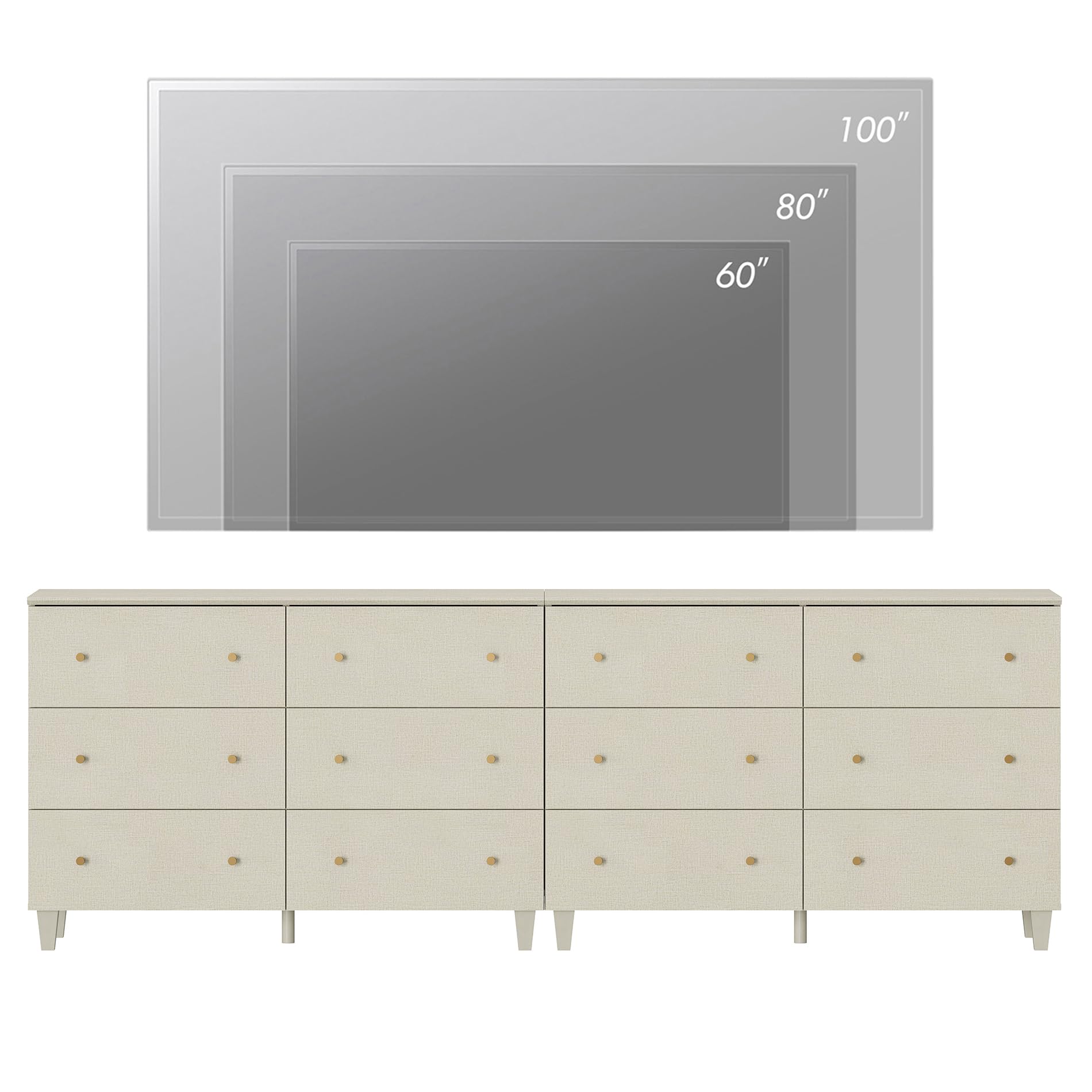 WAMPAT Set of 2 Bedroom Dressers with 12 Drawers, 2-in-1 Extra Wide Chest of Drawers, Modern Storage Organizer with Solid Wood Legs for Closet, Living Room, Hallway, Nursery, Beige Faux Linen Finish