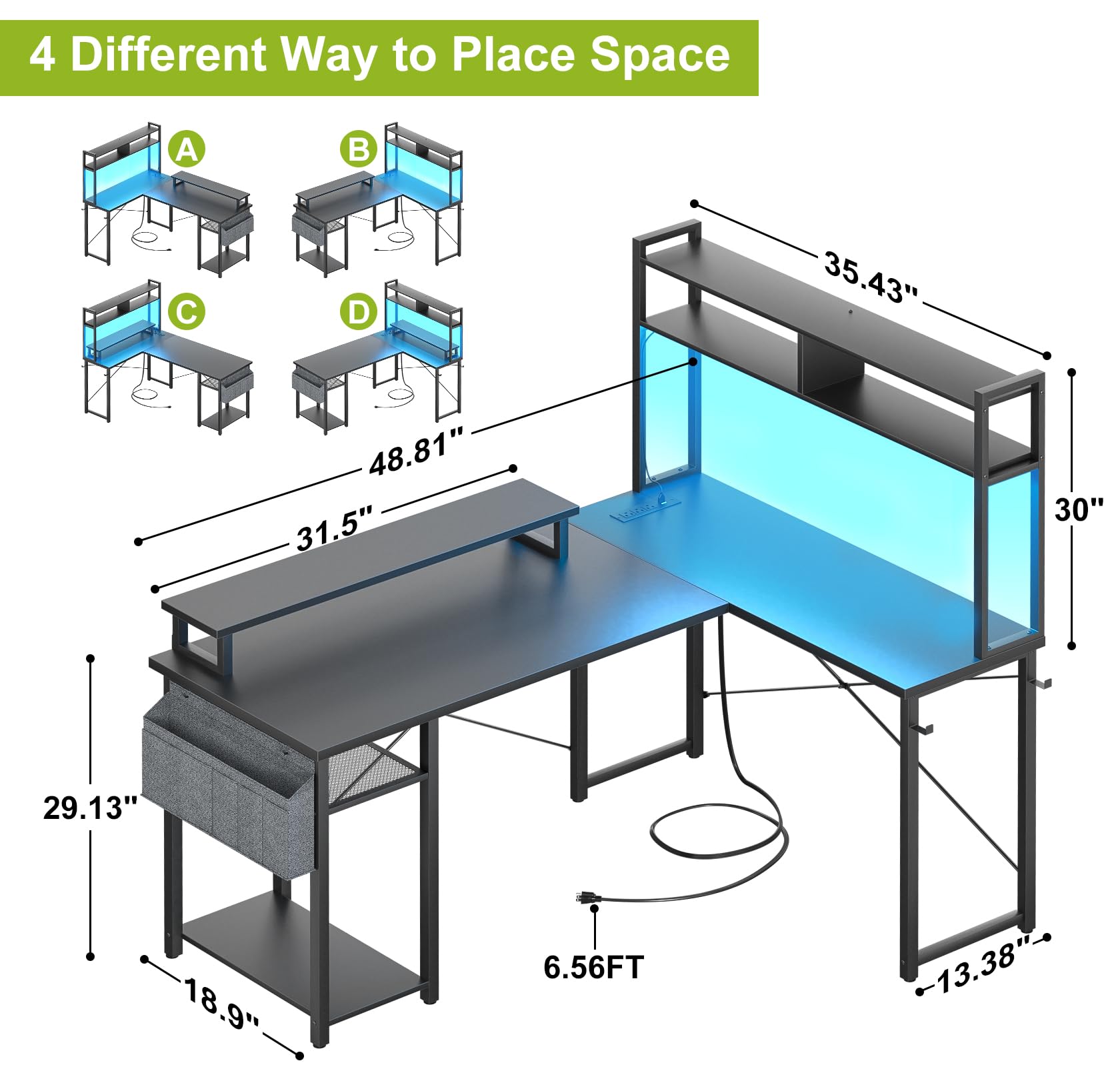 Besiost Small L Shaped Desk Gaming Desk with Power Outlets, 48" Reversible L Shaped Computer Desk with Monitor Stand & Storage Shelf, Corner Gamer Desk Home Office Desk with Storage Bag, Black