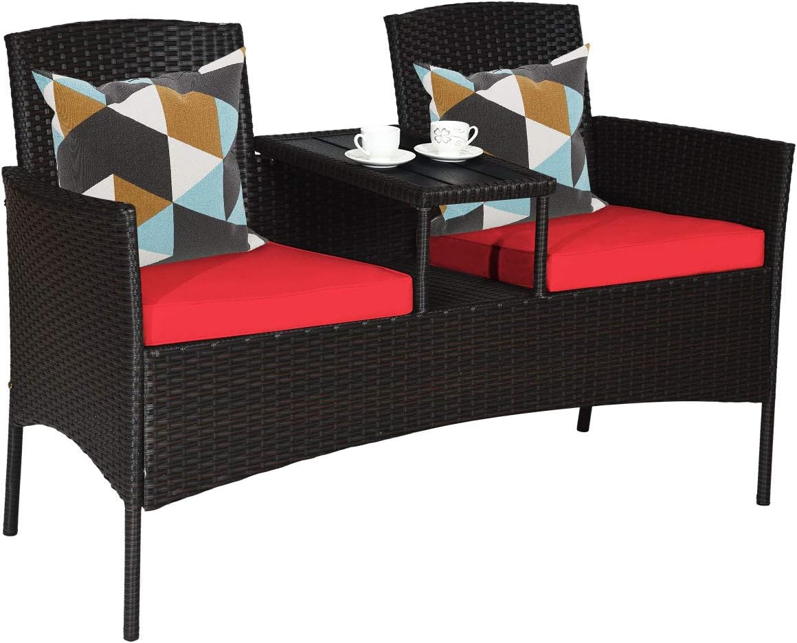 Outdoor Wicker Loveseat Sofa Set with Built-In Coffee Table